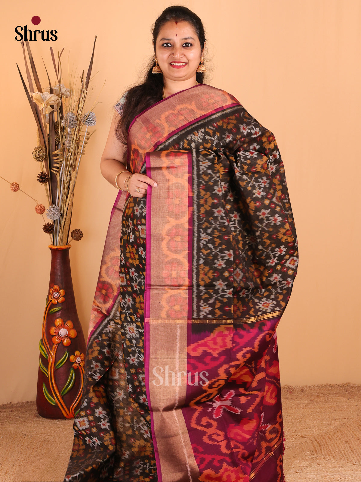 Brown with Purple - DDS11127 - Pochampally sico Saree - Shop on Shrus.com