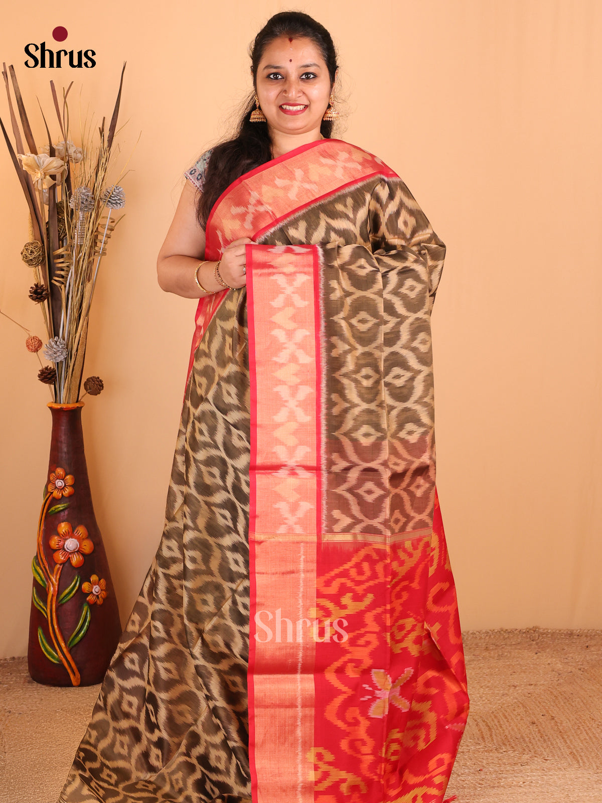 Grey with Red - DDS11131 - Pochampally sico Saree - Shop on Shrus.com