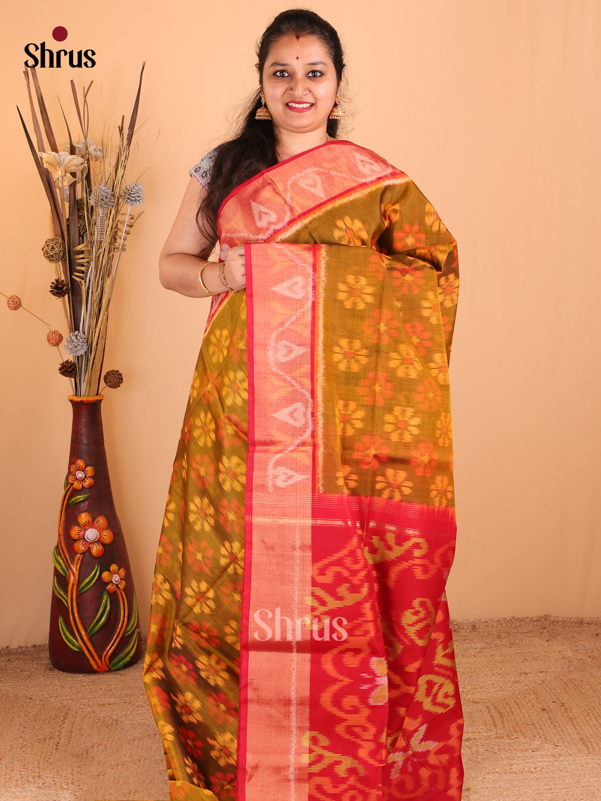 Mehandi Green & Red -DDS11133 - Pochampally sico Saree - Shop on Shrus.com