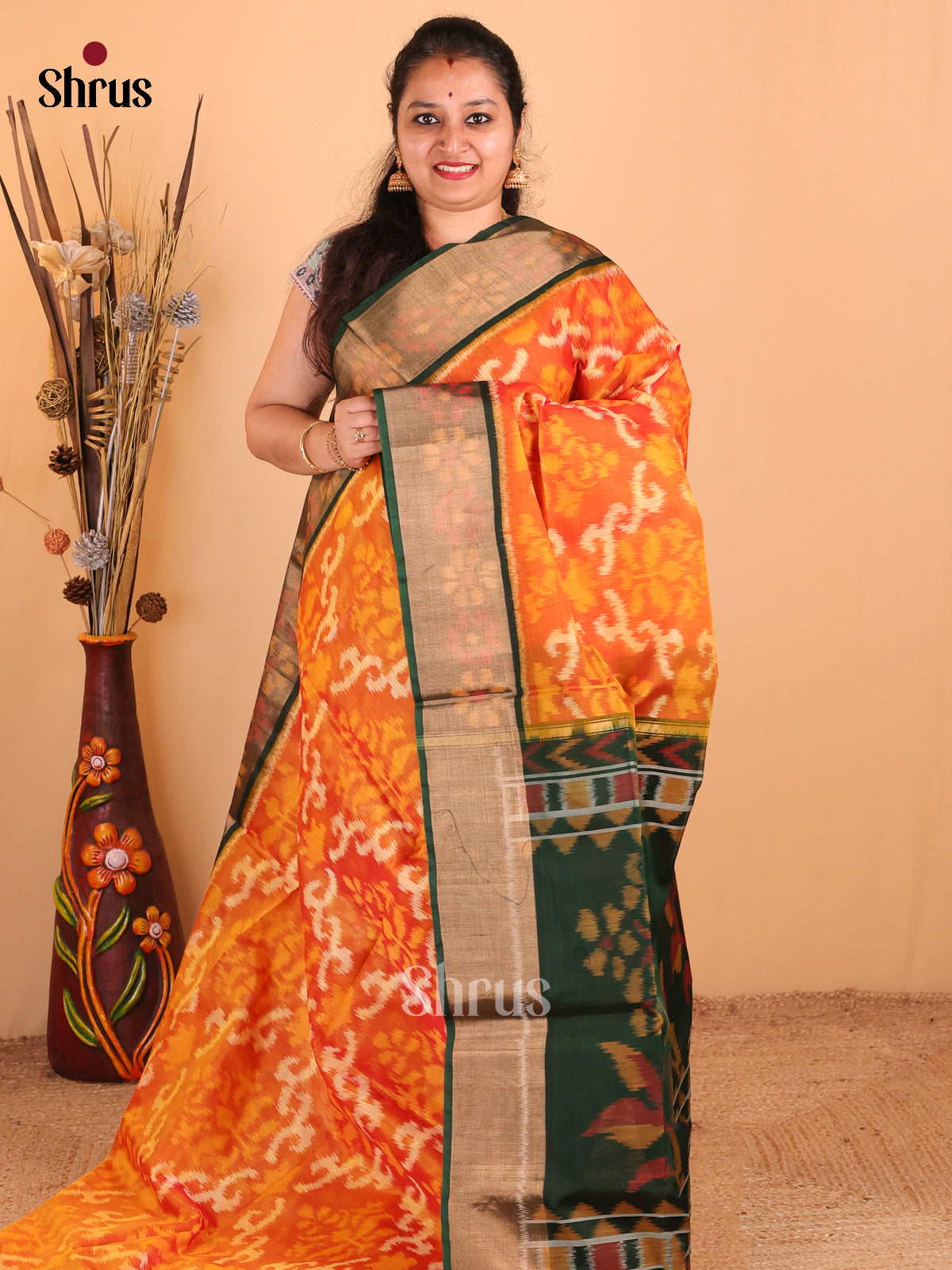 Orange and Yellow Pochampalli Soft Silk Saree with Fall & Pico Fully Stitched Blouse main image 0
