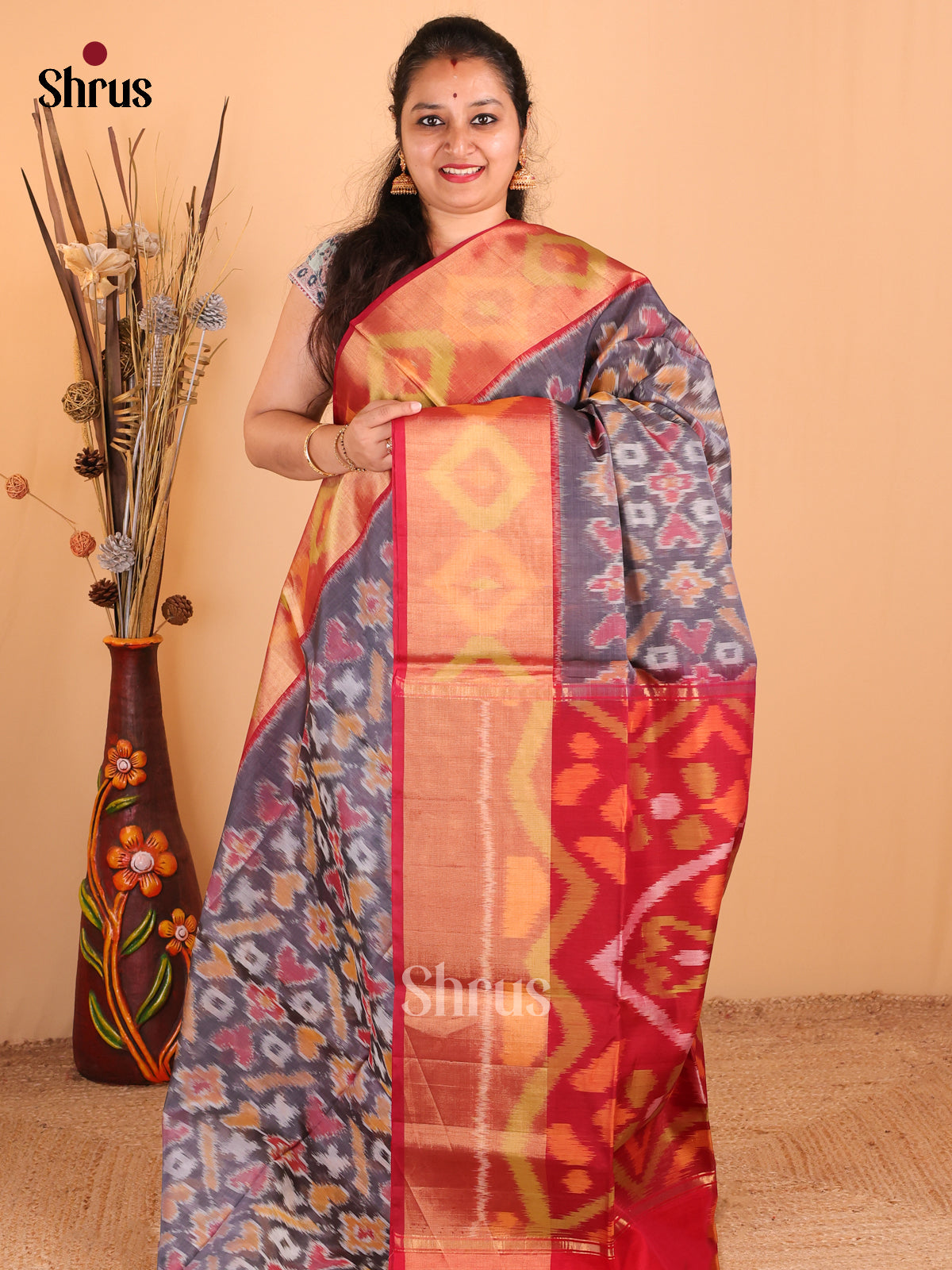Grey with Red - DDS11155 - Pochampally sico Saree - Shop on Shrus.com