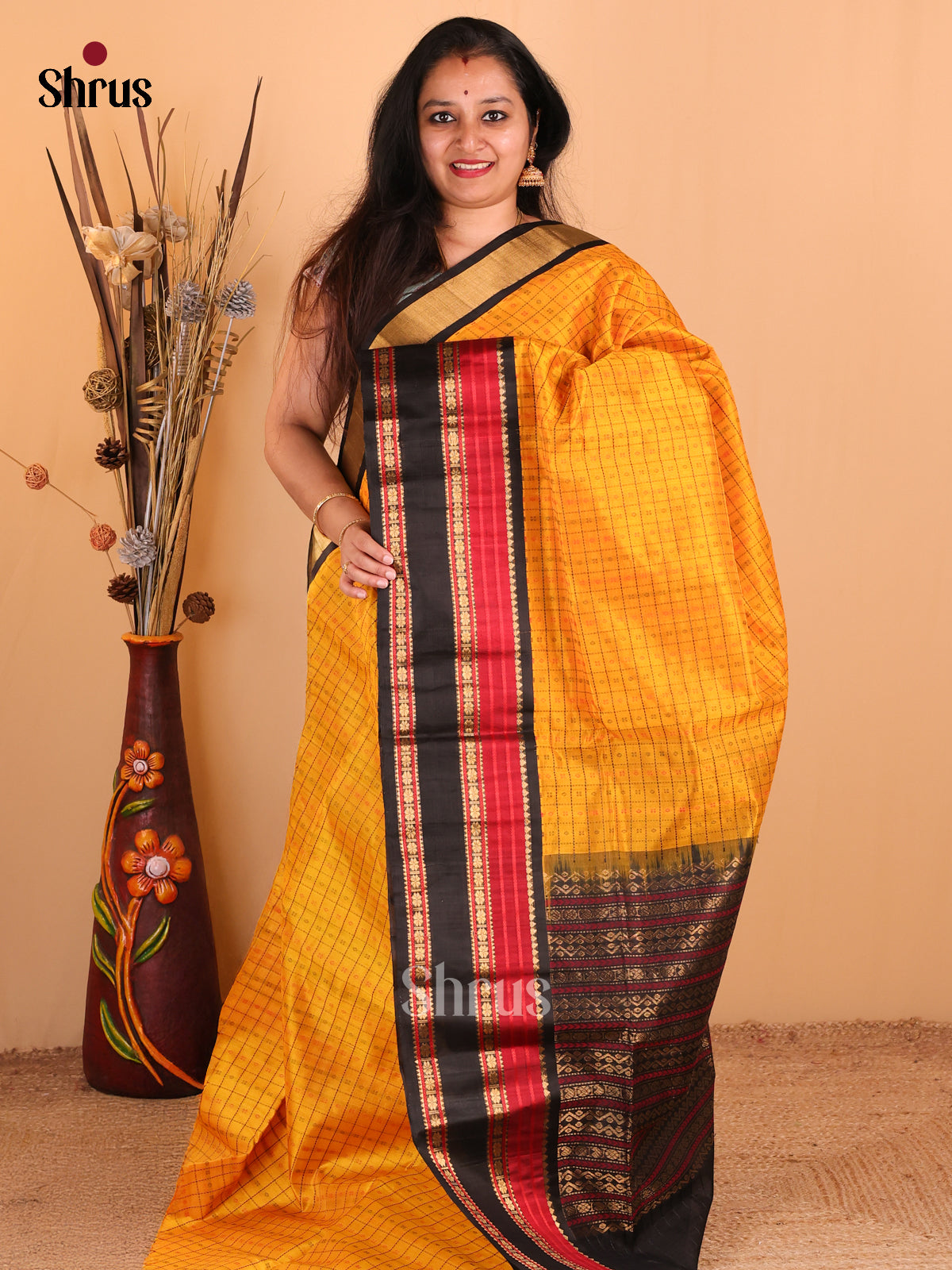 Vibrant Yellow Silk Cotton Saree with Black & Red Rettapet Border & Black Zari Pallu - Shop on Shrus.com