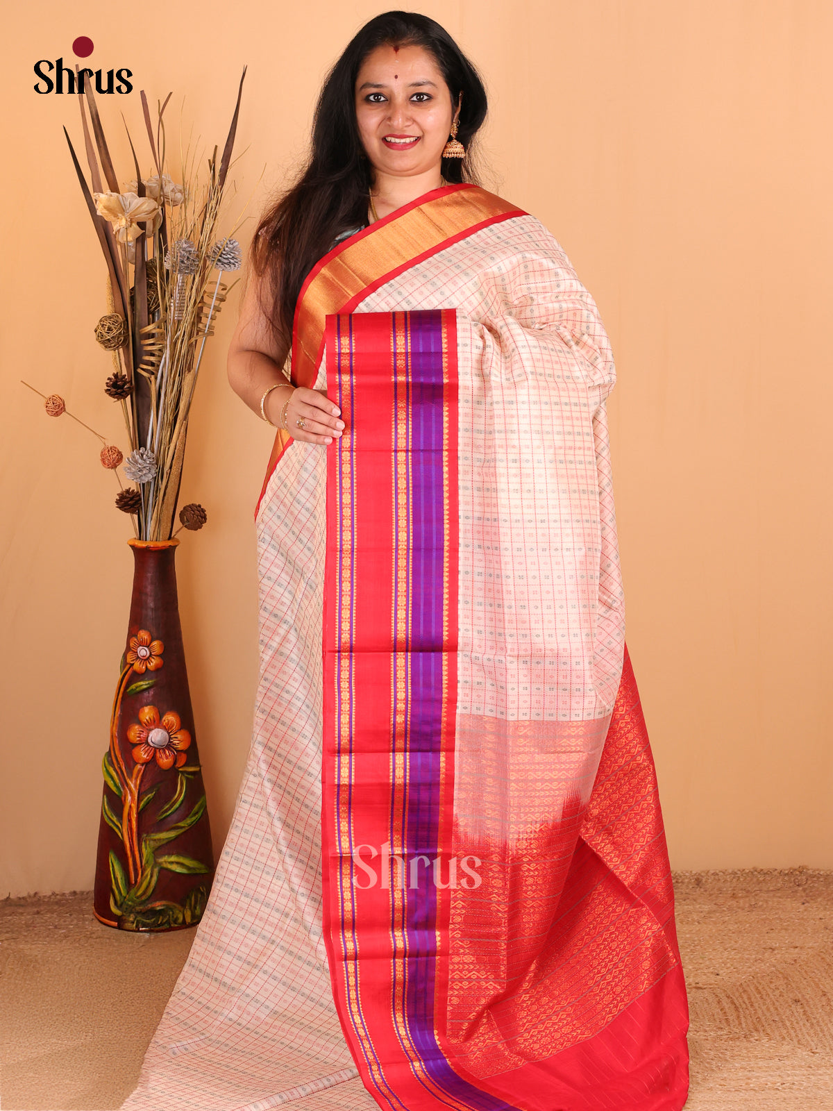 Pretty Cream Silk Cotton Saree With Checks & Dot Buttas, Rettapet Border & Red Zari Pallu - Shop on Shrus.com