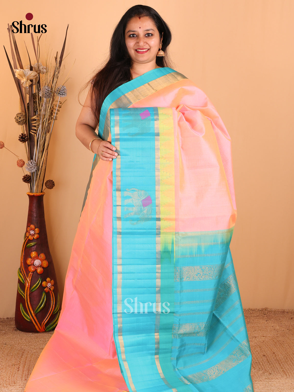 Baby Pink Silk Cotton Saree with Blue Rettapet Border With Elephant Motifs & Zari Pallu - Shop on Shrus.com