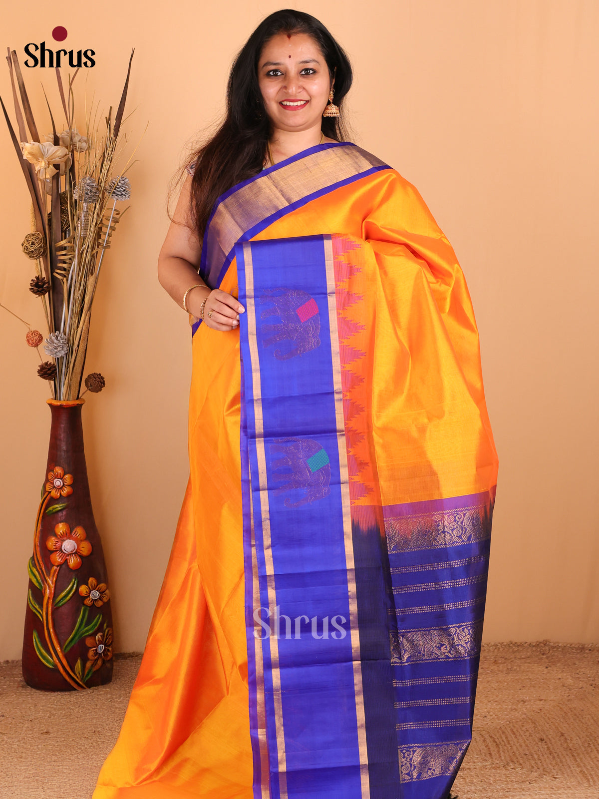 Lustrous Yellow Silk Cotton Saree with Elephant Motifs Woven Rettapet Border & Blue Pallu - Shop on Shrus.com