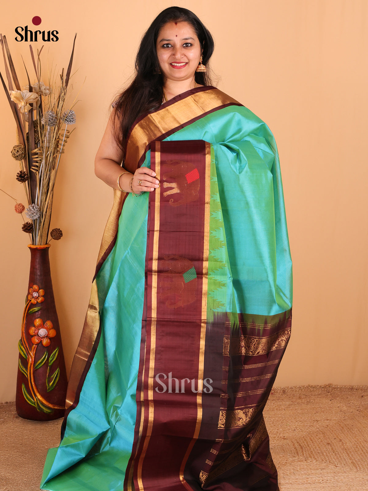 Chic Teal Silk Cotton Saree with Brown Rettapet Zari Border With Elephant Motifs - Shop on Shrus.com