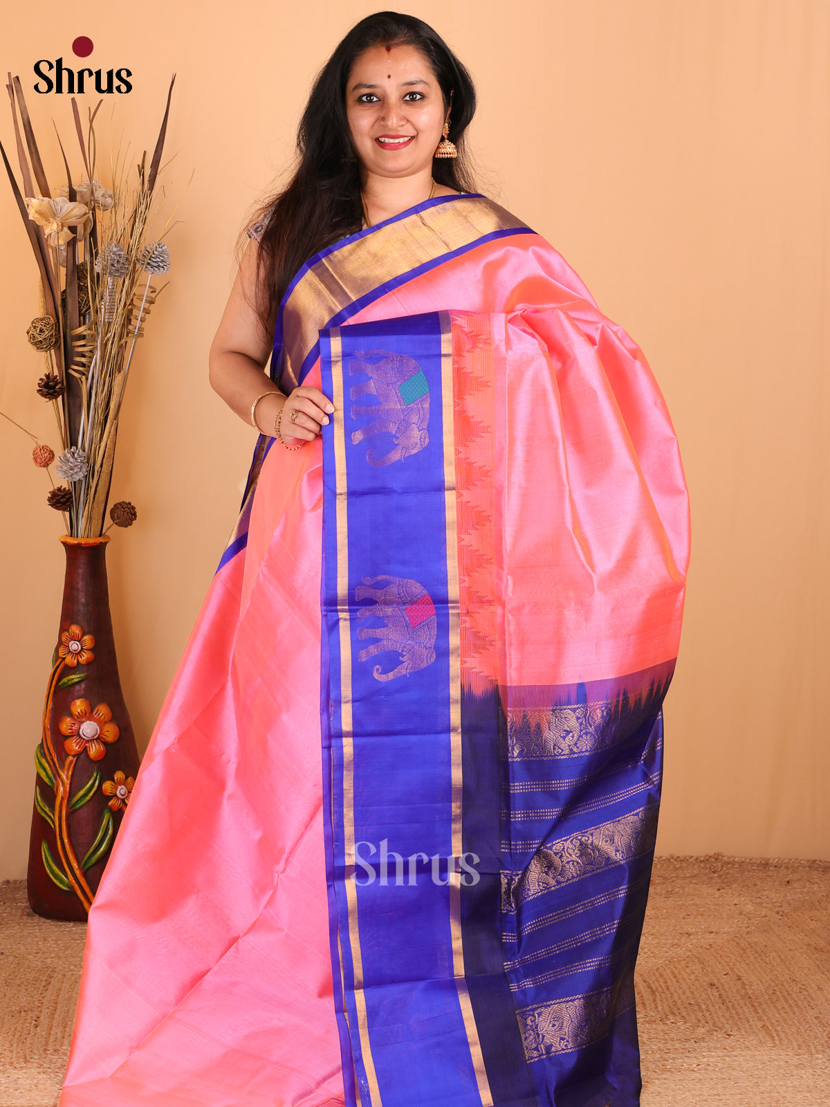Cute Pink Silk Cotton Saree with Black Rettapet Border With Elephant Motifs & Zari Pallu - Shop on Shrus.com