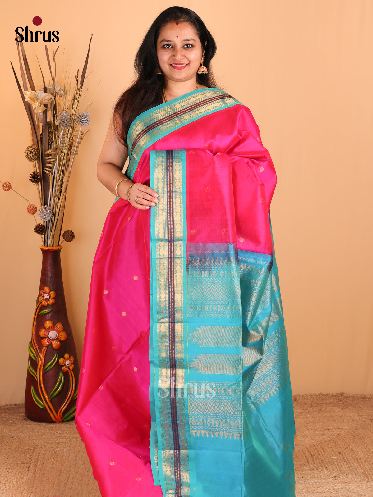 Vistavelle Soft Silk Teal Blue and Rani Pink Traditional Saree with Satin Border