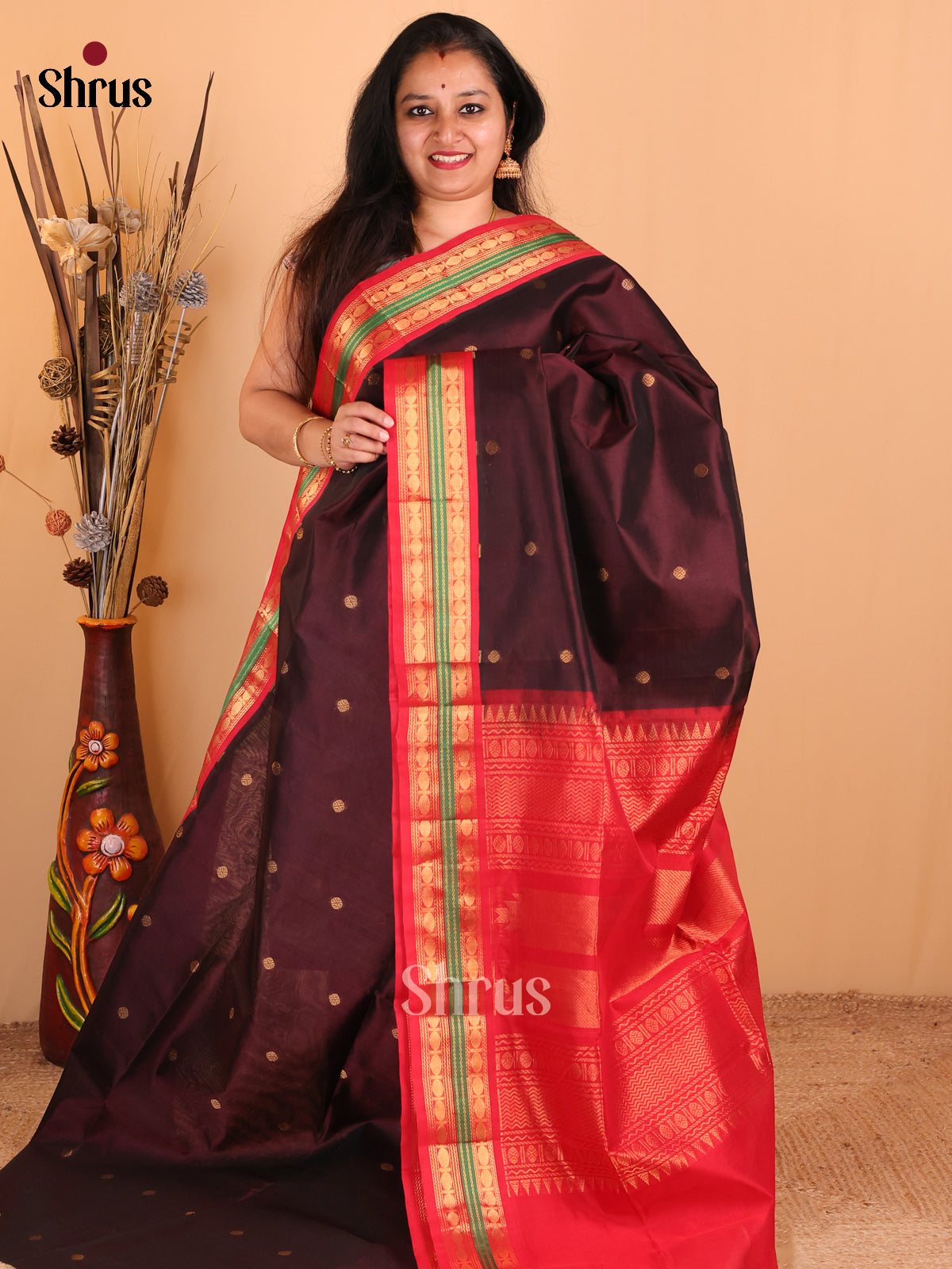 Classic Brown Silk Cotton saree With Zari Buttas, Red Rettapet Border & Zari Pallu - Shop on Shrus.com