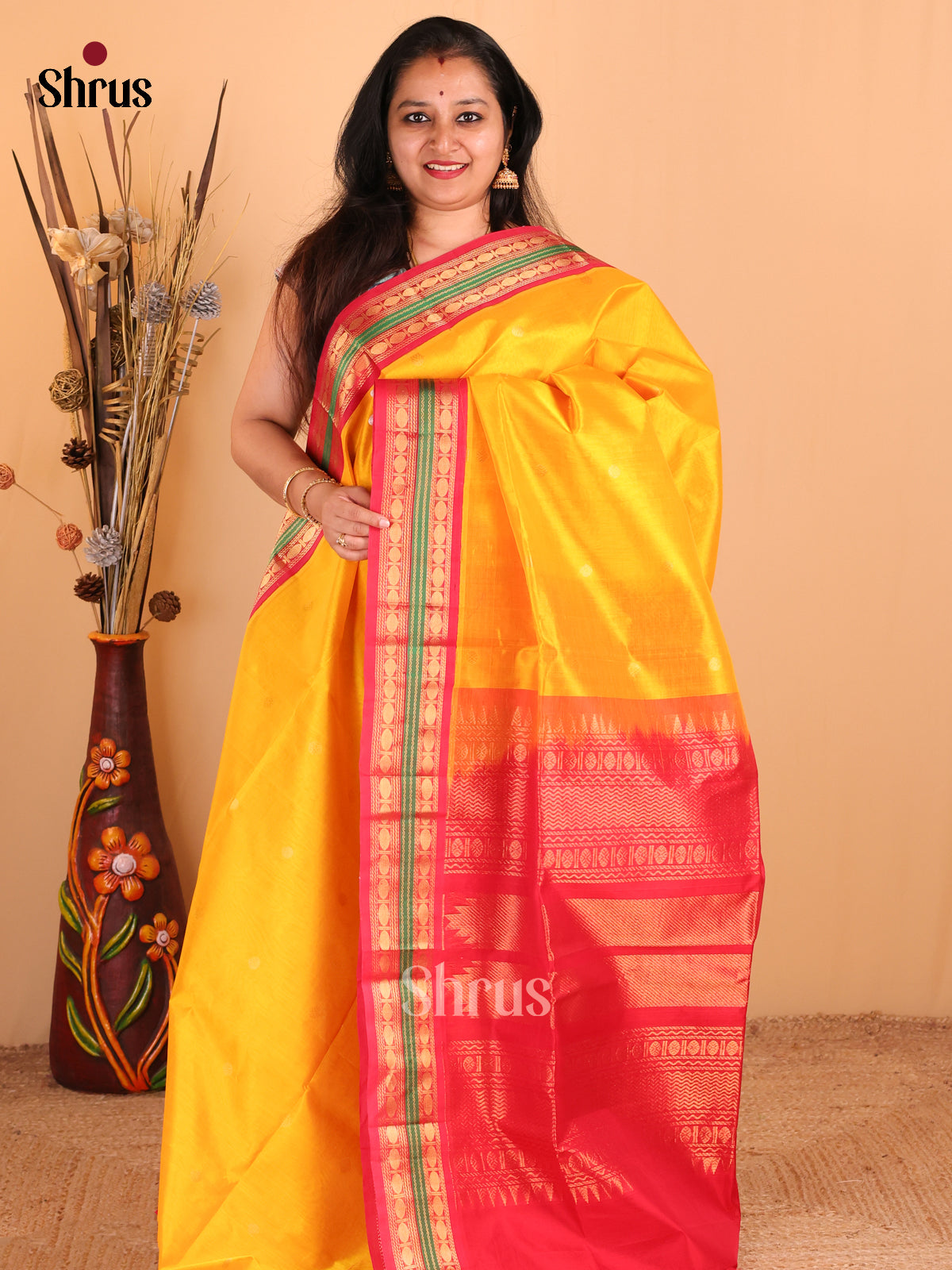 Yellow wth Red - DDS12031 - Silk Cotton Saree - Shop on Shrus.com