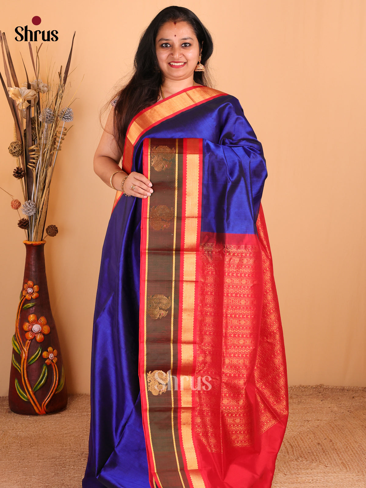 Enchanting Blue Cotton Silk Saree with Red & Brown Zari Border With Peacock Motifs - Shop on Shrus.com