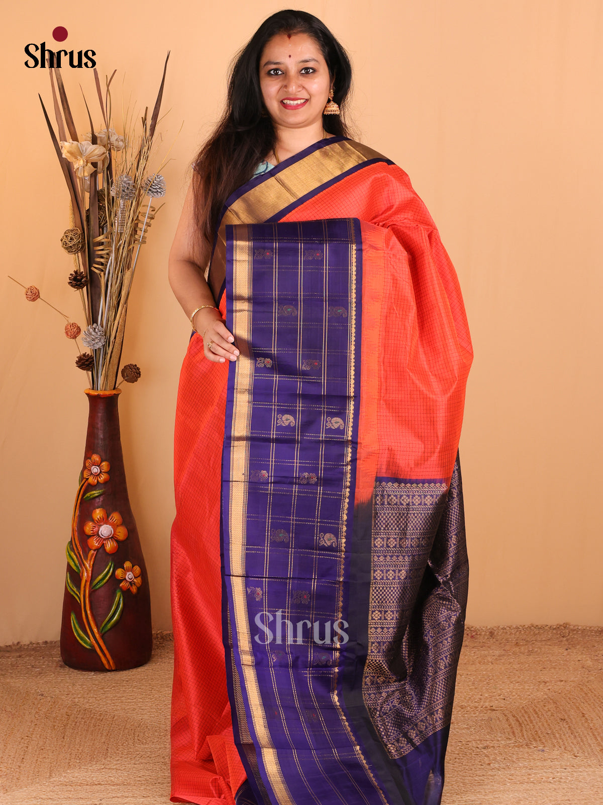 Orange Silk Cotton Saree With Checks, Beautiful Violet Border With Checks & Manga Buttas - Shop on Shrus.com
