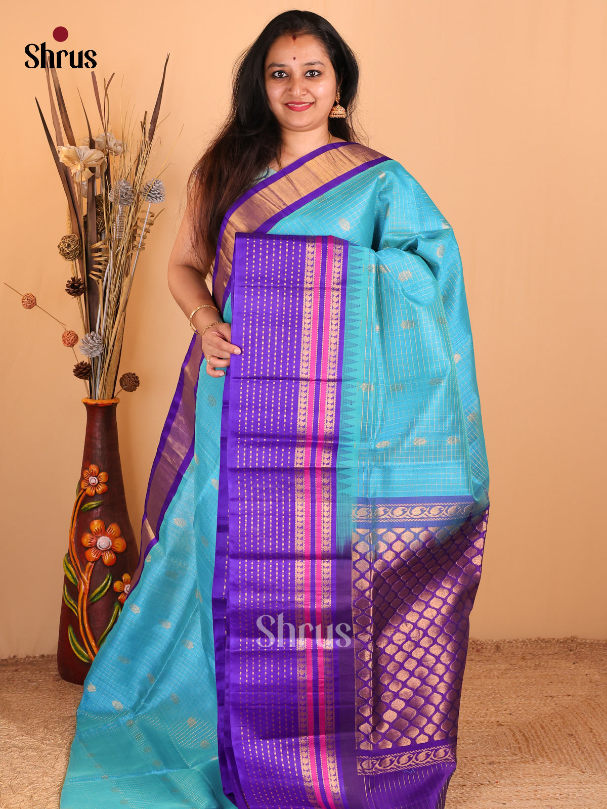 Charming Blue silk Cotton Saree With Checks & Buttas, Violet Zari Woven Border & Pallu - Shop on Shrus.com