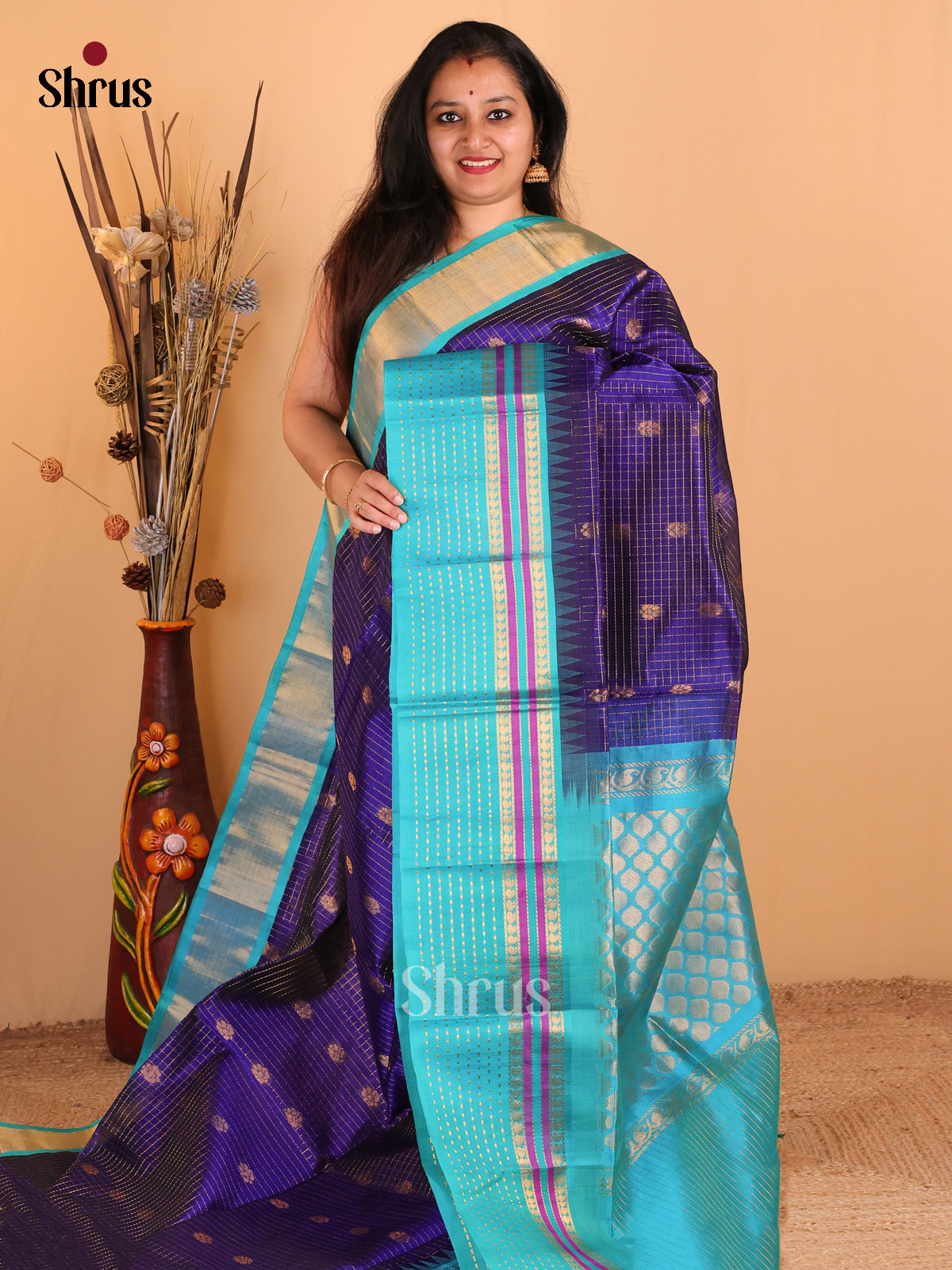 Enchanting Blue Silk Cotton Saree with Checks & Buttas, Teal Zari Border & Pallu - Shop on Shrus.com