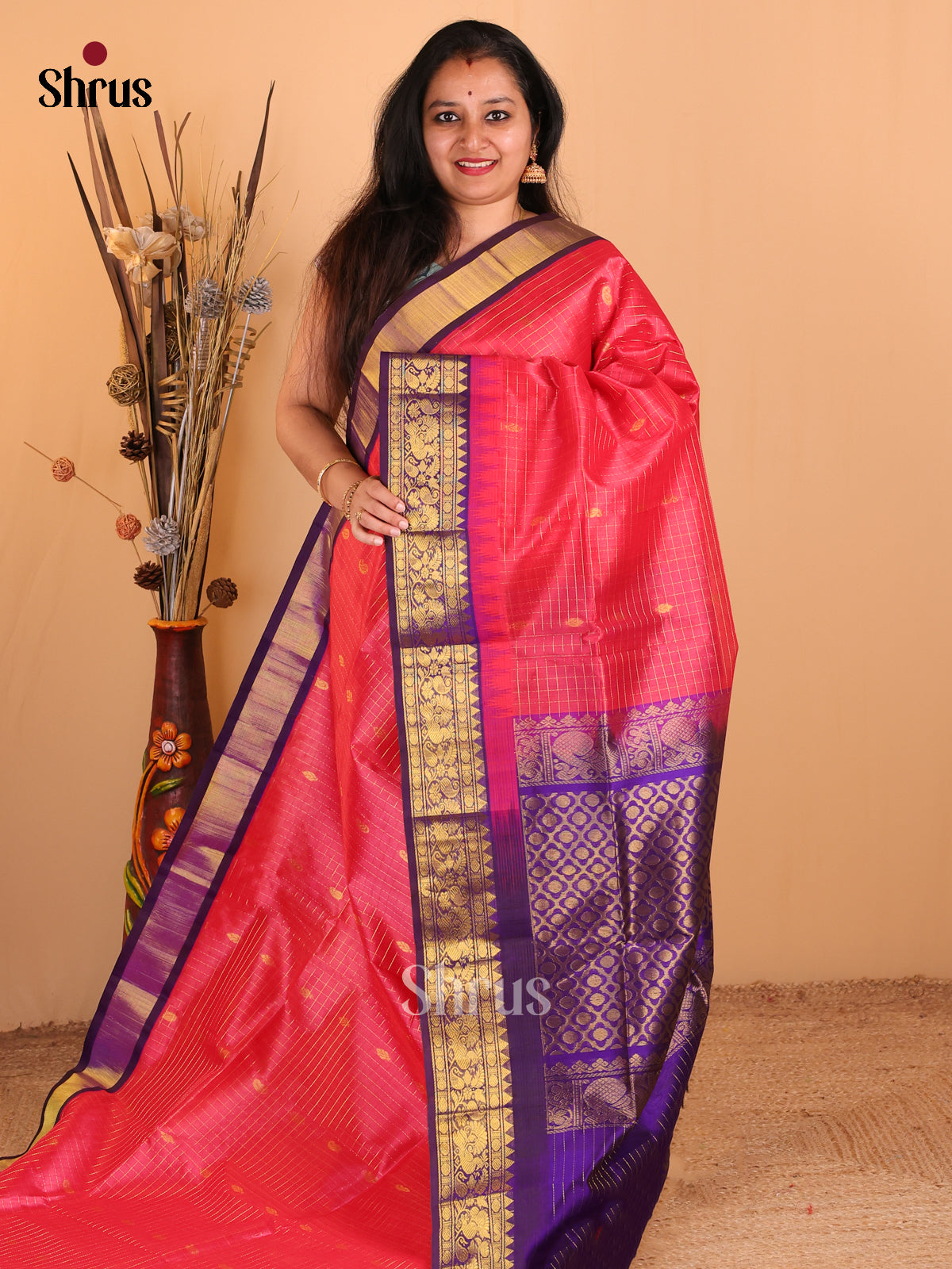 Pink Silk Cotton Saree with Zari Checks & Buttas Paired With Violet Border & Zari Pallu - Shop on Shrus.com