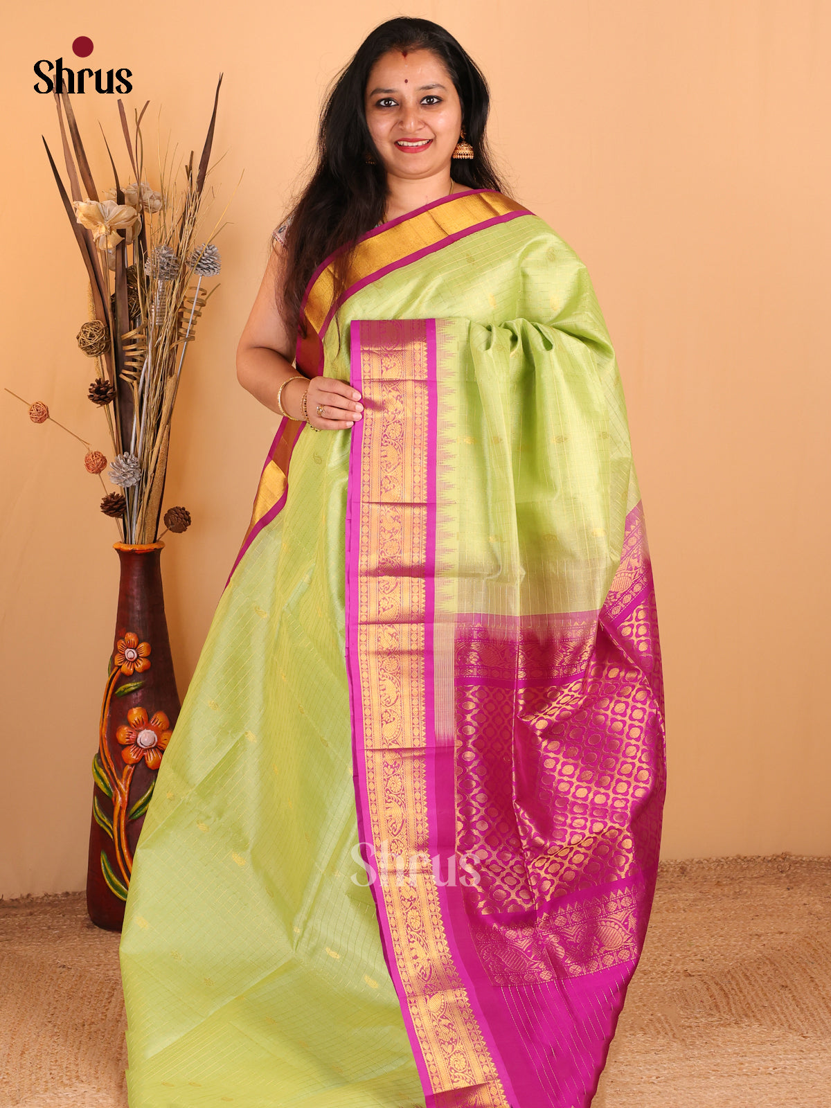 Serene Pista Green Silk Cotton Saree with Zari Checks & Buttas, Magenta Border & Brocade Pallu - Shop on Shrus.com