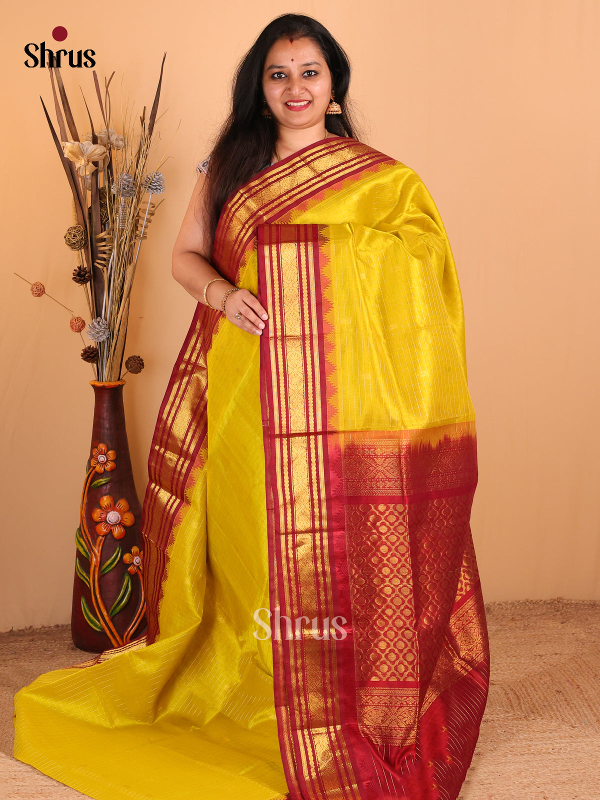 Yellow with Maroon - DDS12063 - Silk Cotton Saree - Shop on Shrus.com
