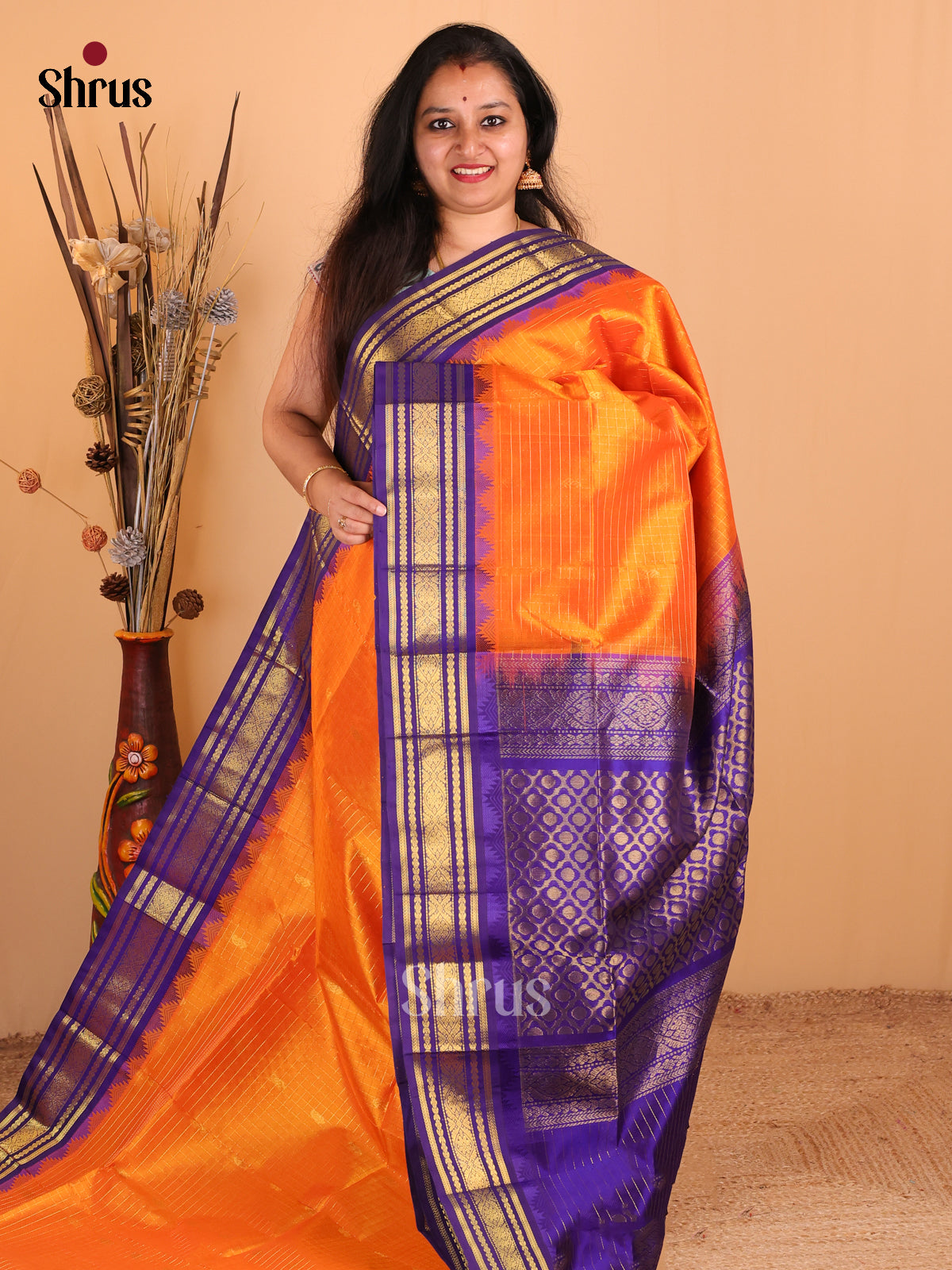 Radiant Orange Checked Silk Cotton Saree With Blue Rettapet Border & Zari Woven pallu - Shop on Shrus.com