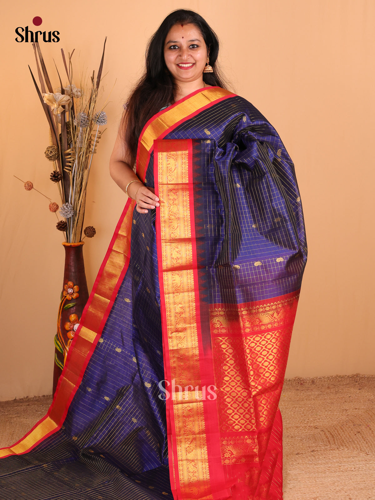 Chic Blue Silk Cotton Saree with Zari Checks & Buttas, Red Border & Brocade Pallu - Shop on Shrus.com