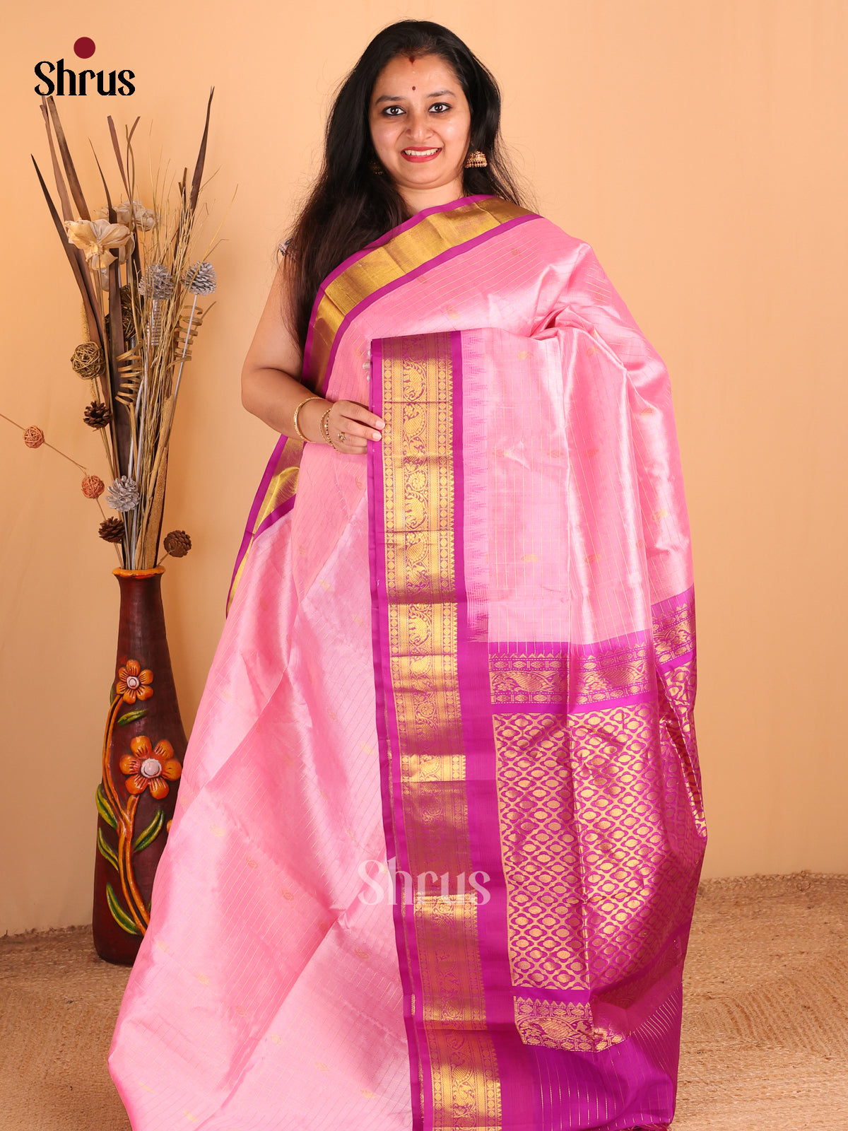 Chic Baby Pink Silk Cotton Saree with Zari Checks & Buttas, Pink Border & Brocade Pallu - Shop on Shrus.com