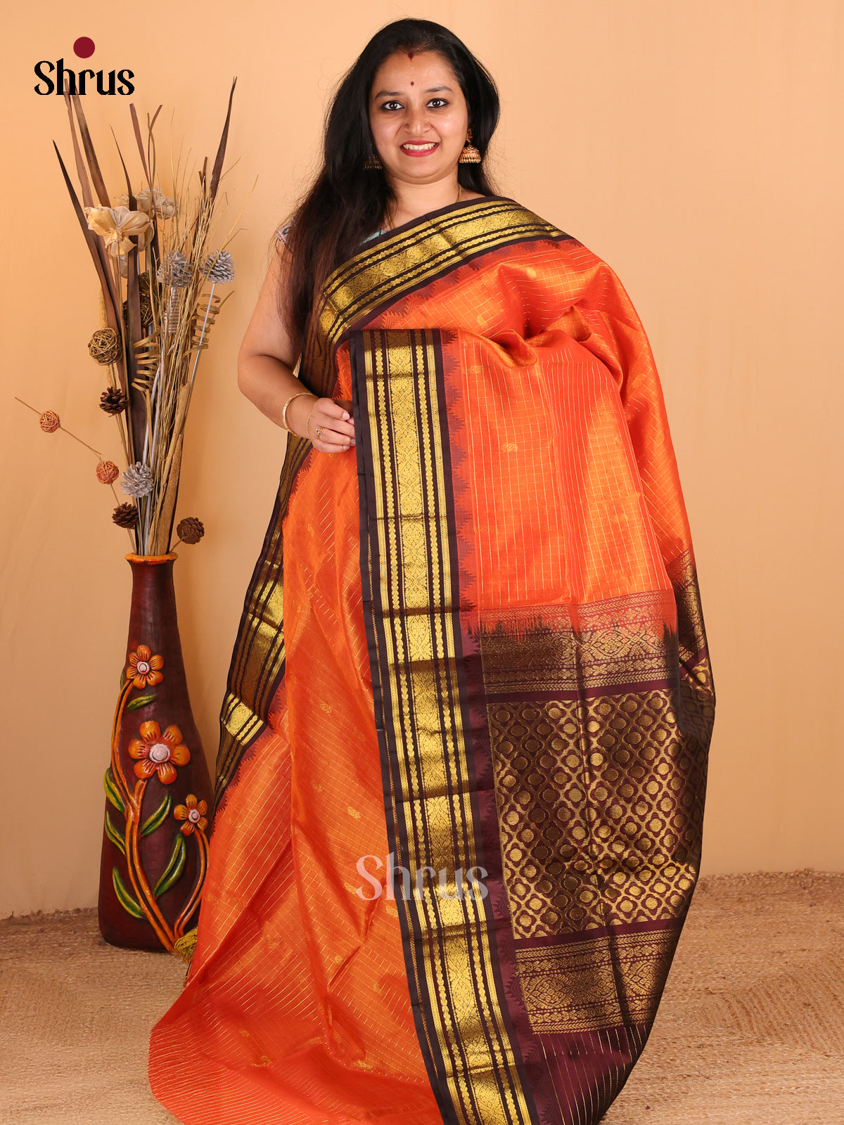 Radiant Orange Cotton Silk Saree with Zari Checks, Buttas & Brown Brocade Pallu - Shop on Shrus.com