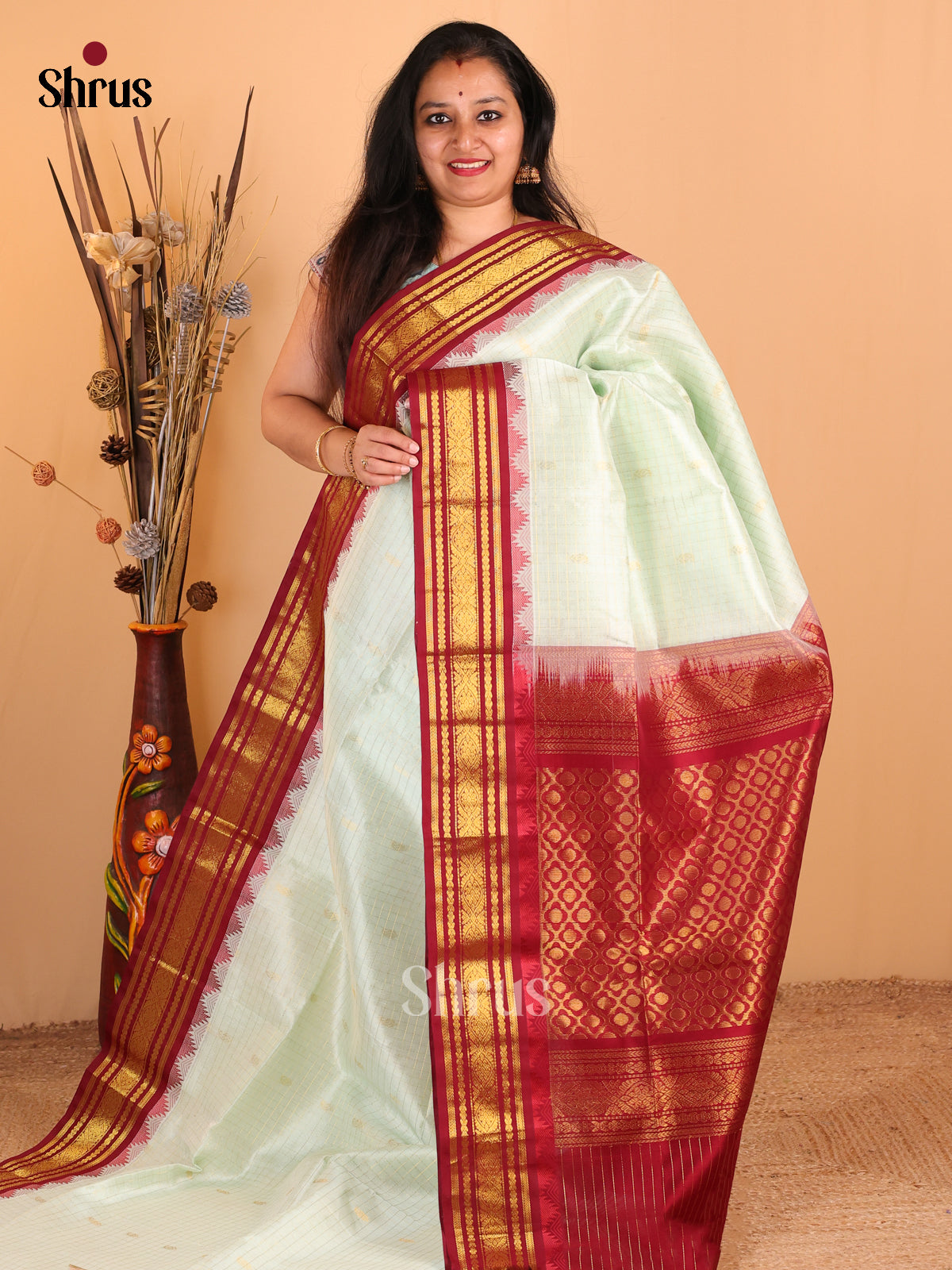 Pastel Green with Maroon - DDS12077 - Silk Cotton Saree - Shop on Shrus.com