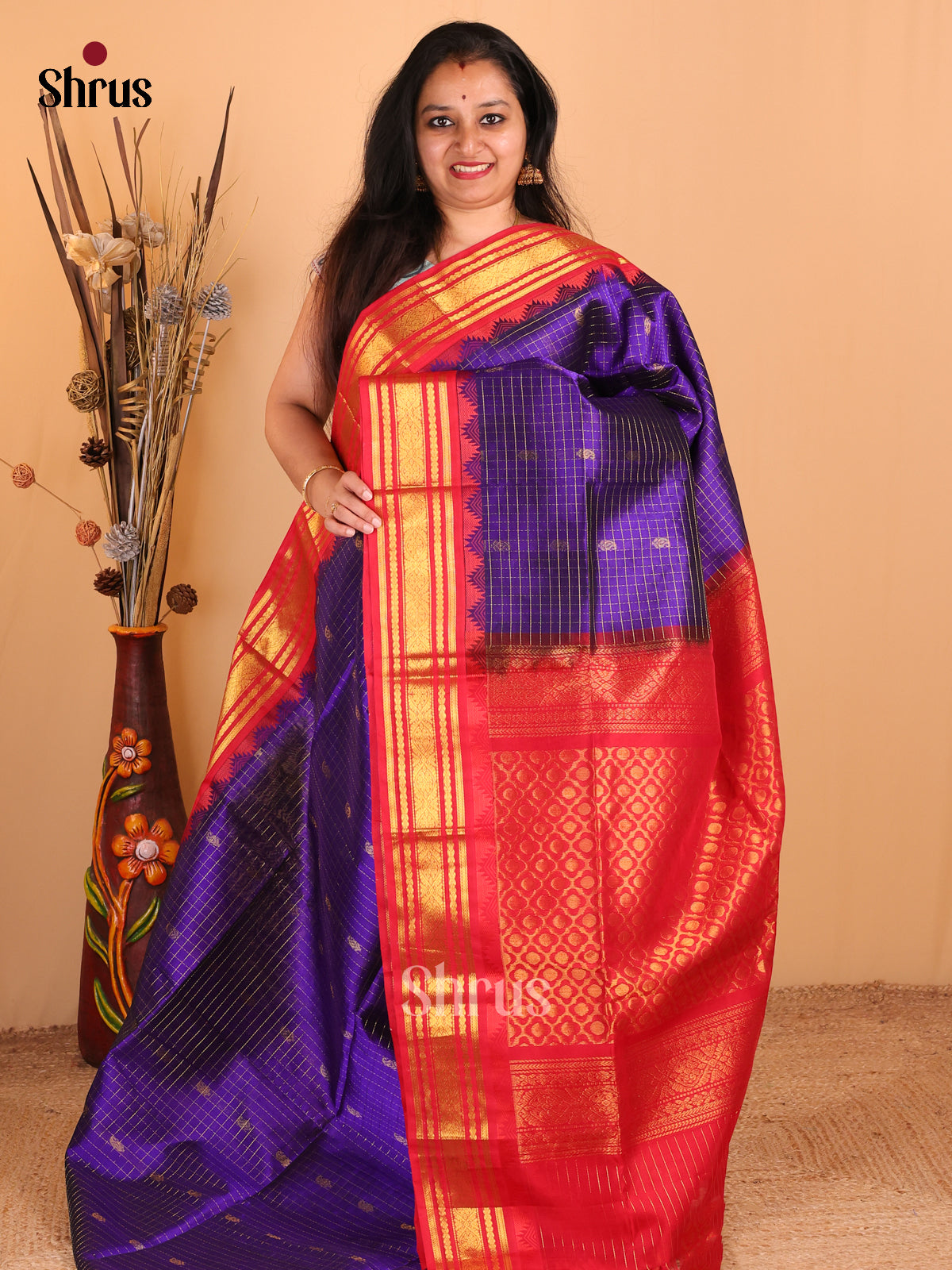 Classic Blue Silk Cotton Saree with Zari Checks & Buttas, Red Rettapet Border & Brocade Pallu - Shop on Shrus.com