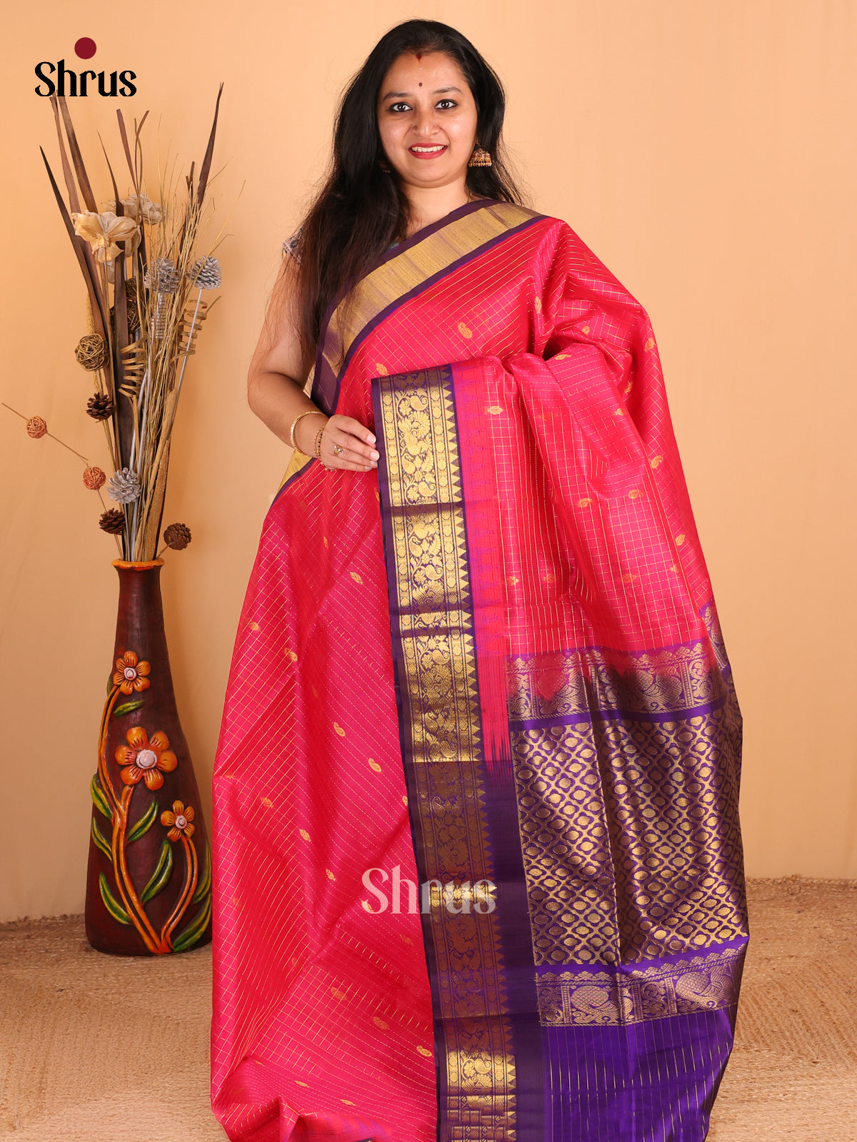 Charming Pink Silk Cotton Saree with Zari Checks & Buttas, Violet Border & Brocade Pallu - Shop on Shrus.com