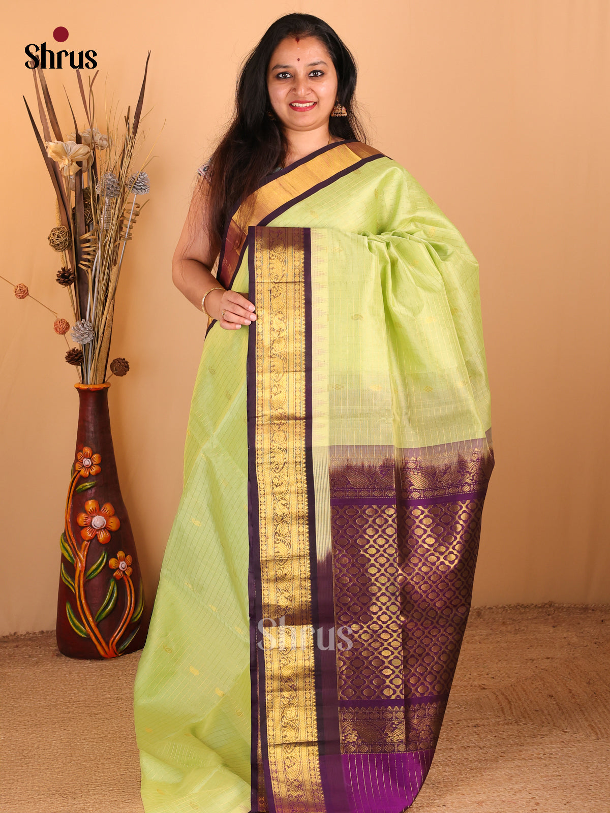 Pretty Green silk Cotton Saree With Checks & Buttas, Violet Zari Woven Border & Pallu - Shop on Shrus.com