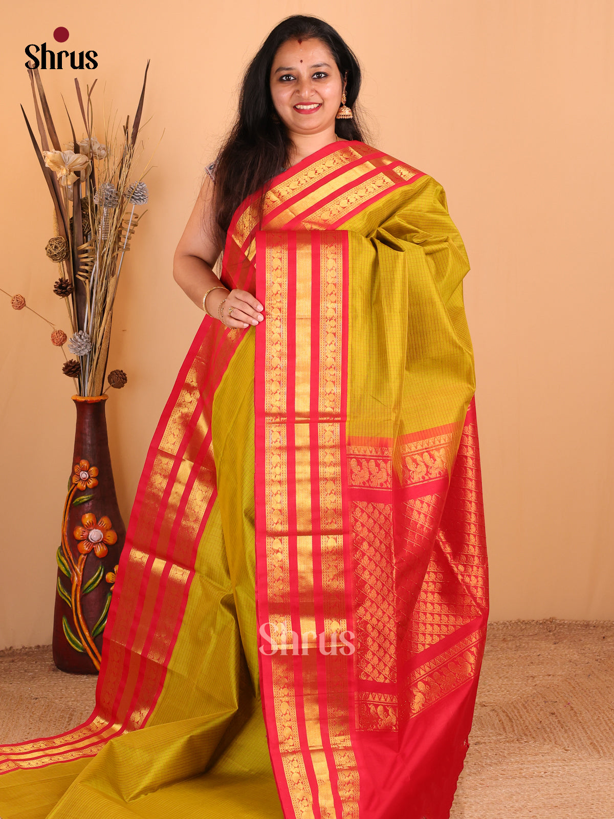 Charming Mustard Green Silk Cotton Saree with Checks, Red Rettapet Border & Zari Pallu