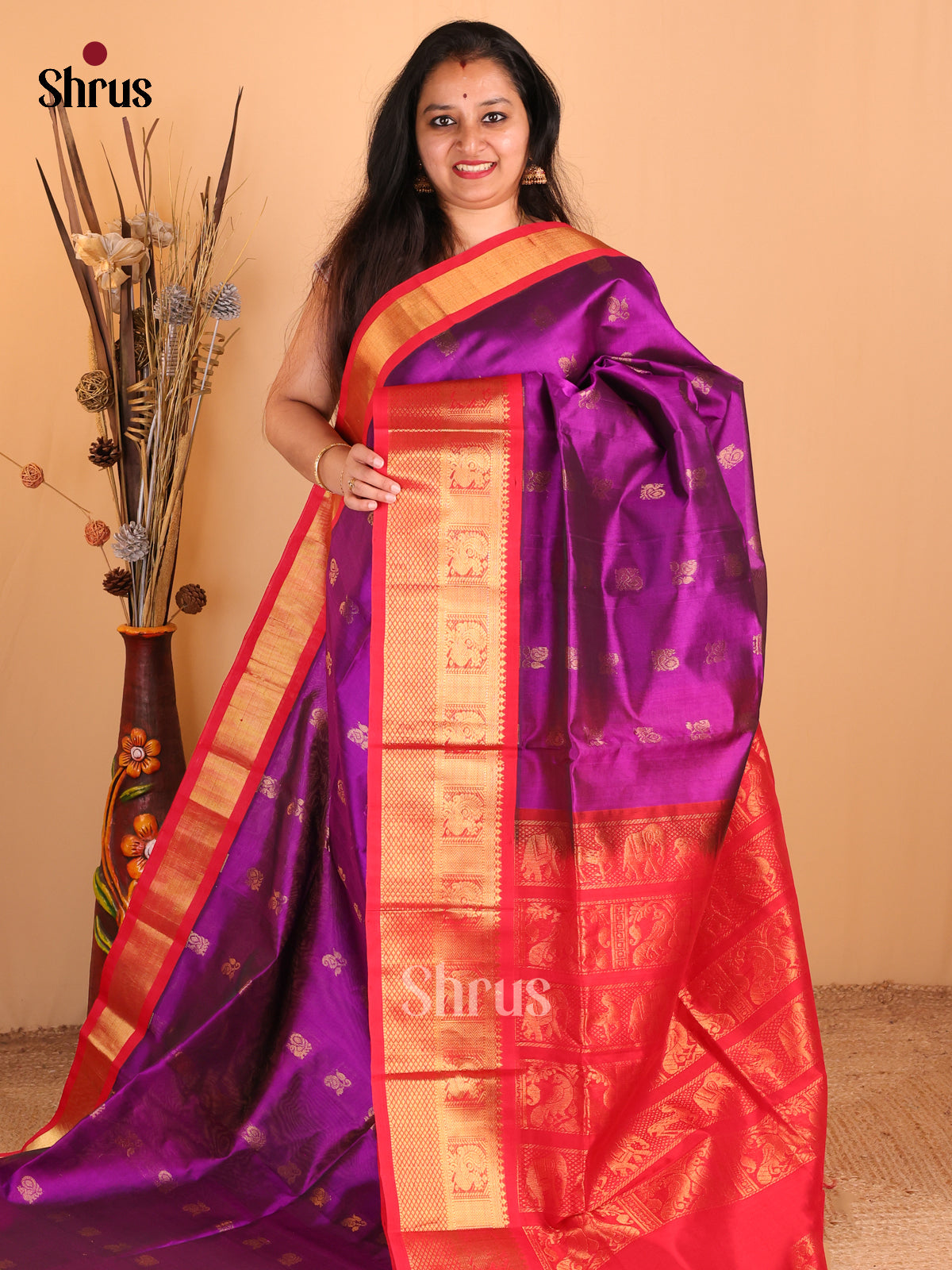Chic Purple Silk Cotton Saree with Zari Peacocks Paired With Red Border & Zari Pallu - Shop on Shrus.com