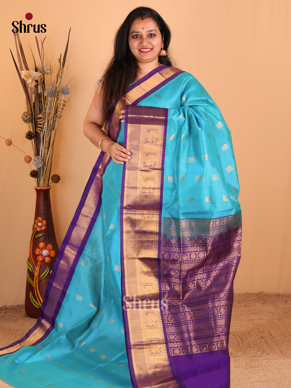 Classy Blue Silk Cotton Saree with Zari Peacocks Paired With Violet Border & Zari Pallu - Shop on Shrus.com