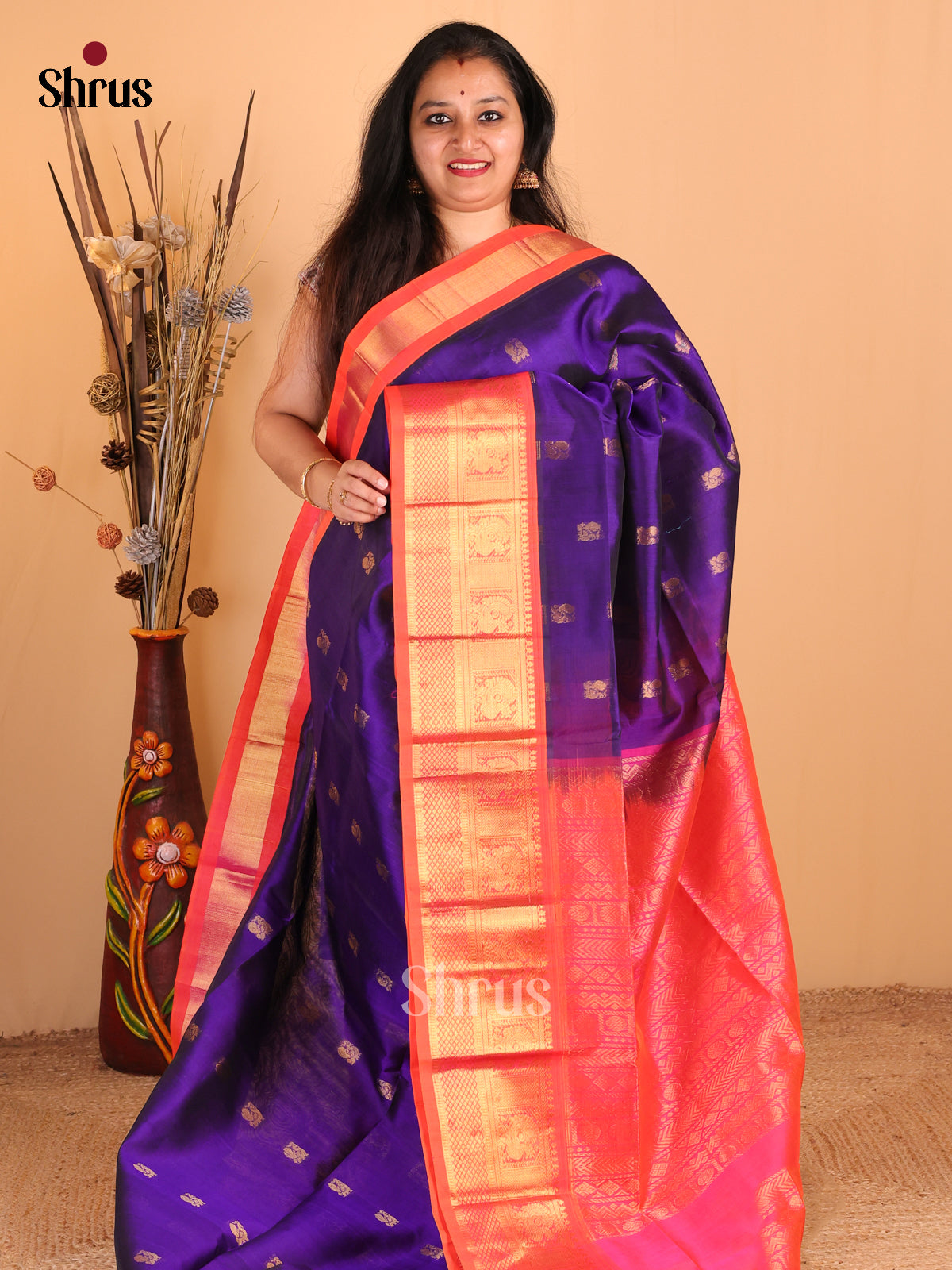 Violet Silk Cotton Saree With Peacock Zari Buttas, Orangish Pink Border & Pallu With Brocade Design - Shop on Shrus.com