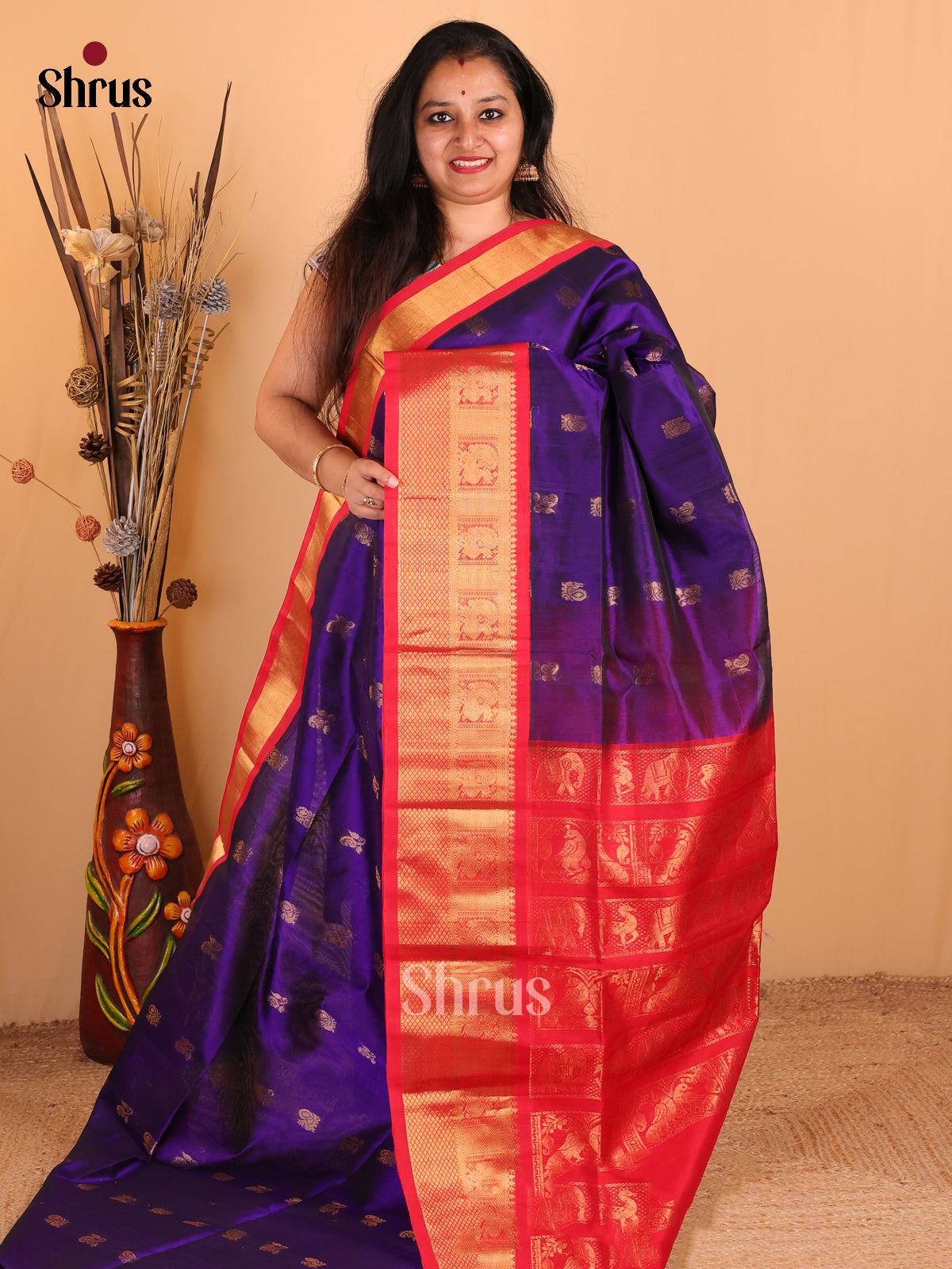 Violet Silk Cotton Saree With Peacock Zari Buttas, Red Border & Pallu With Brocade Design - Shop on Shrus.com