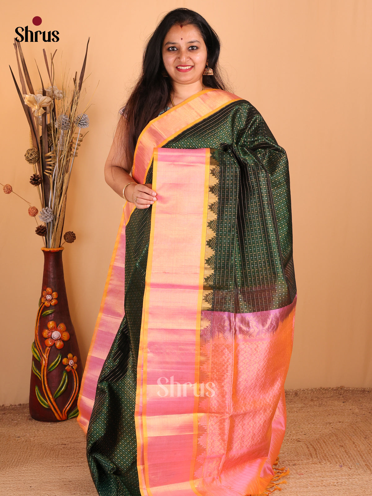 Dark Green with Pink - DDS12098 - Silk Cotton Saree - Shop on Shrus.com