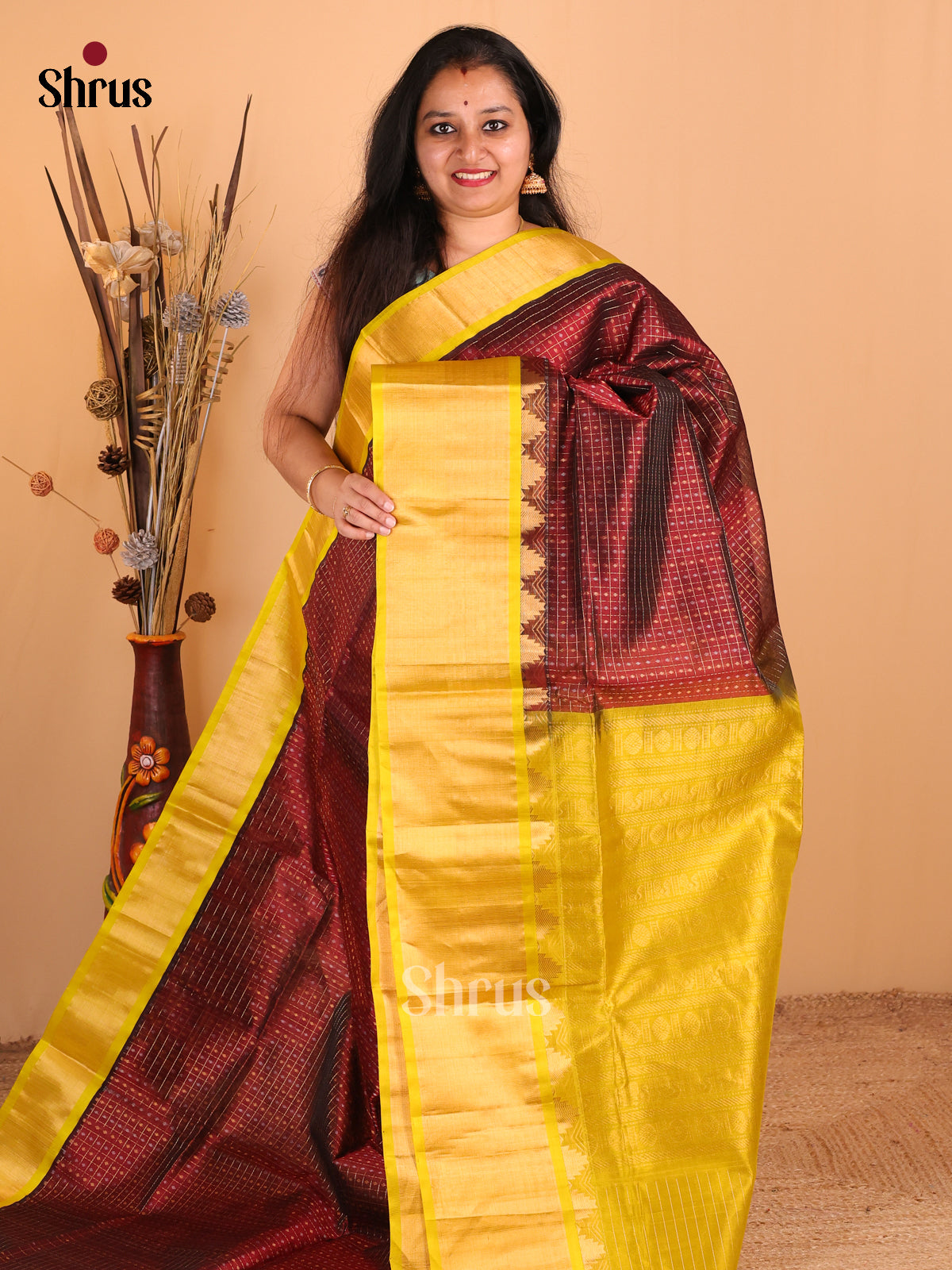 Classic Brown Silk Cotton Saree With Zari Checks, Dot Buttas & Yellow Border & Zari Pallu - Shop on Shrus.com