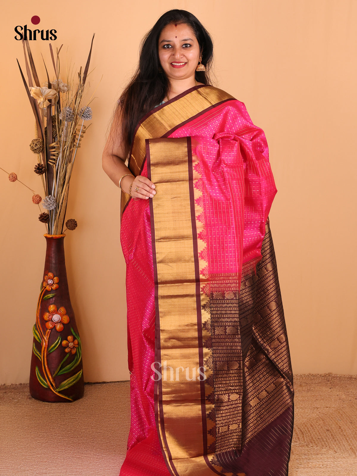 Pink with Brown - DDS12104 - Silk Cotton Saree - Shop on Shrus.com