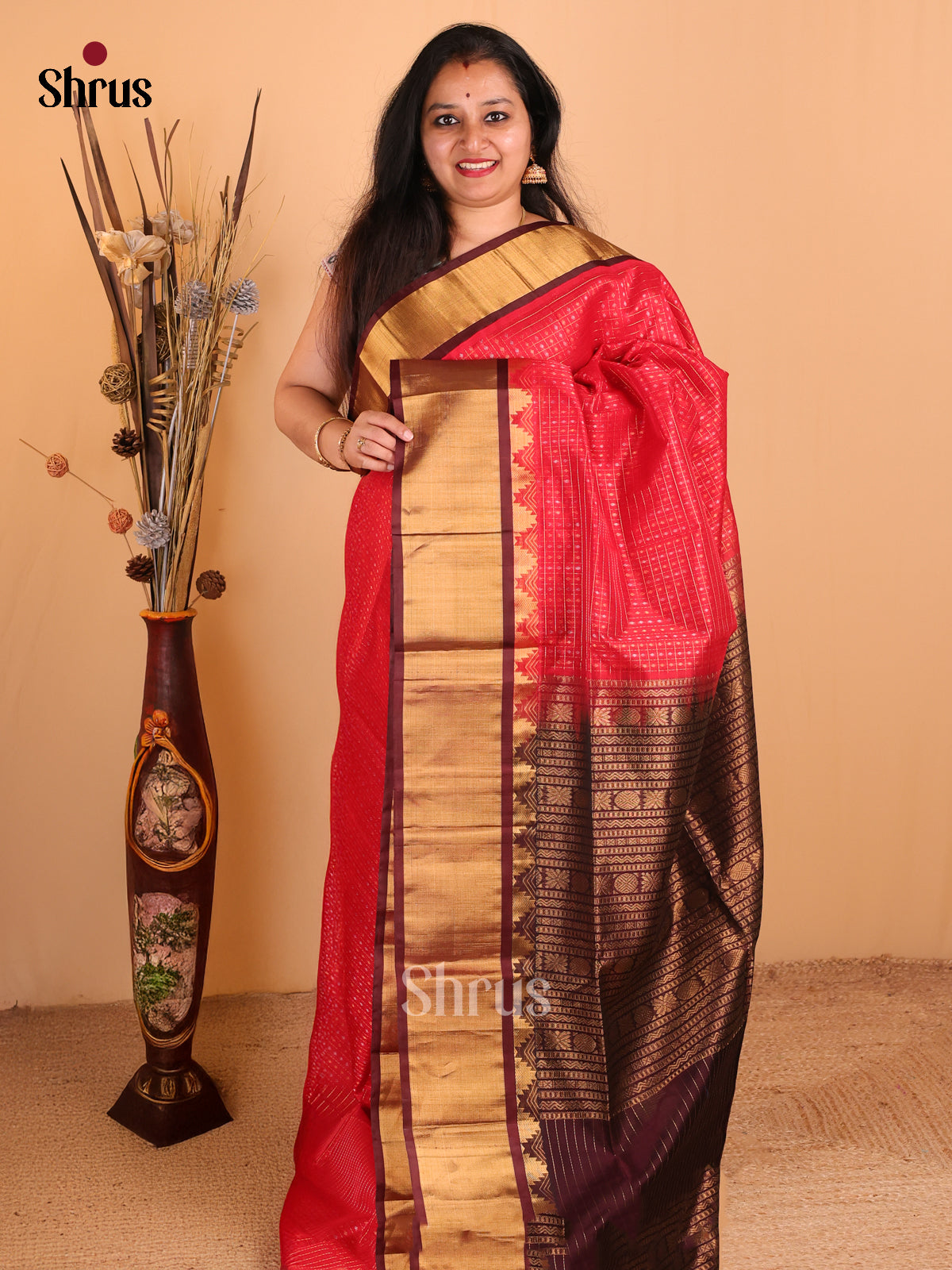 Pretty Red Silk Cotton Saree with zari checks, buttas on the body and Brown zari border. - Shop on Shrus.com