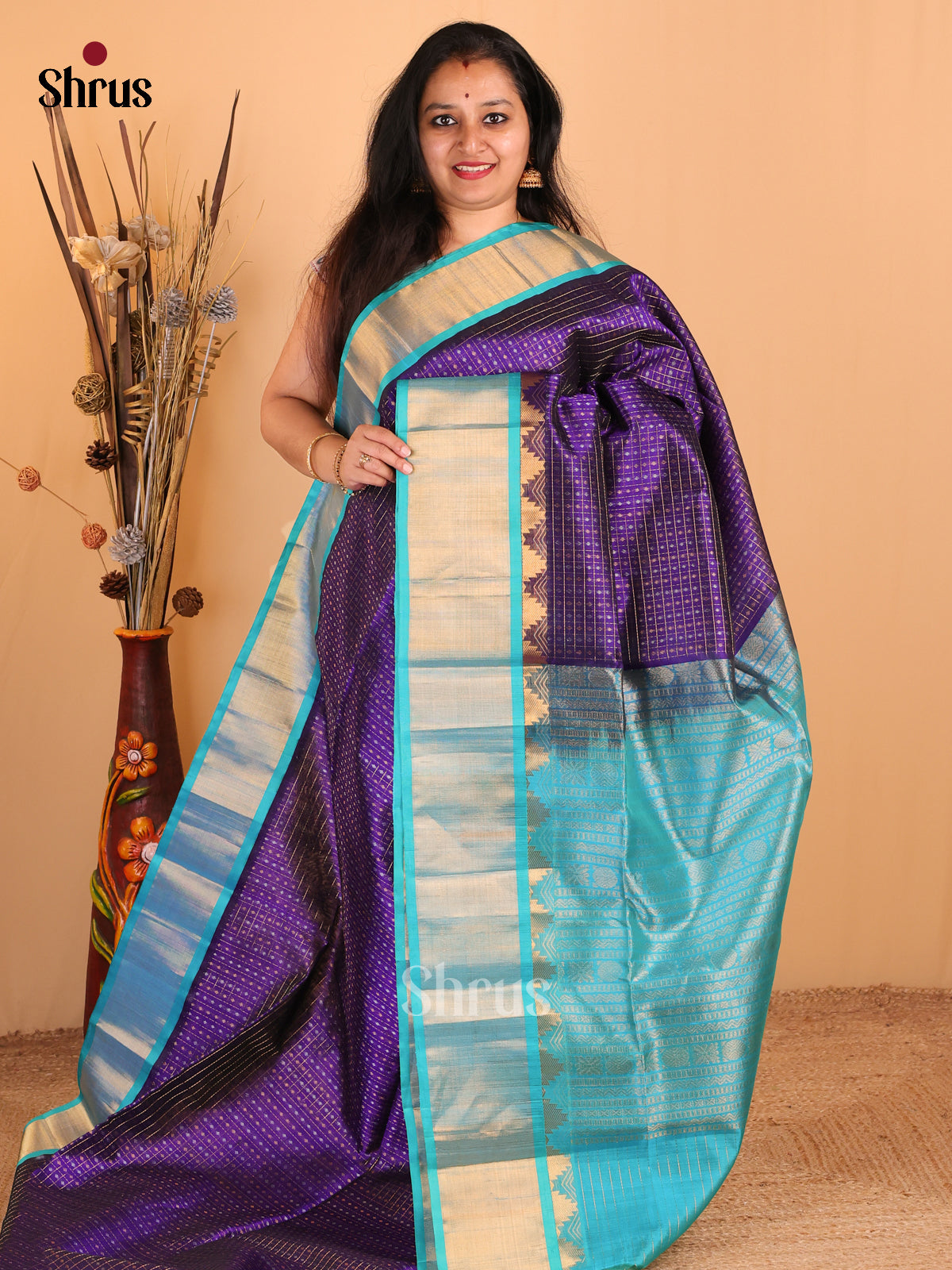 Violet Checked Silk Cotton Saree With Silver & Gold Dots, Blue Zari Woven Border & Pallu - Shop on Shrus.com