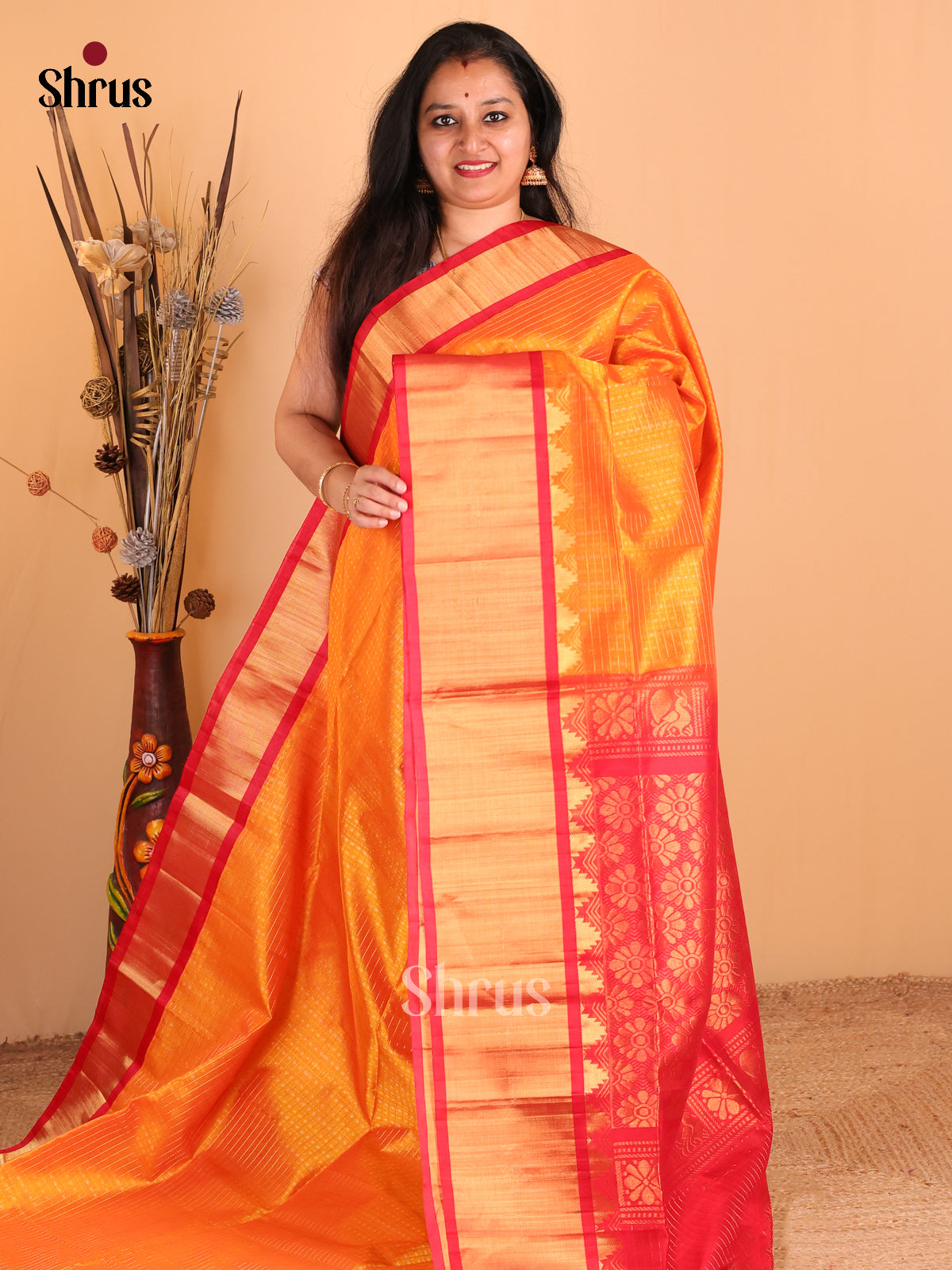 Orange with Red - DDS12114 - Silk Cotton Saree - Shop on Shrus.com