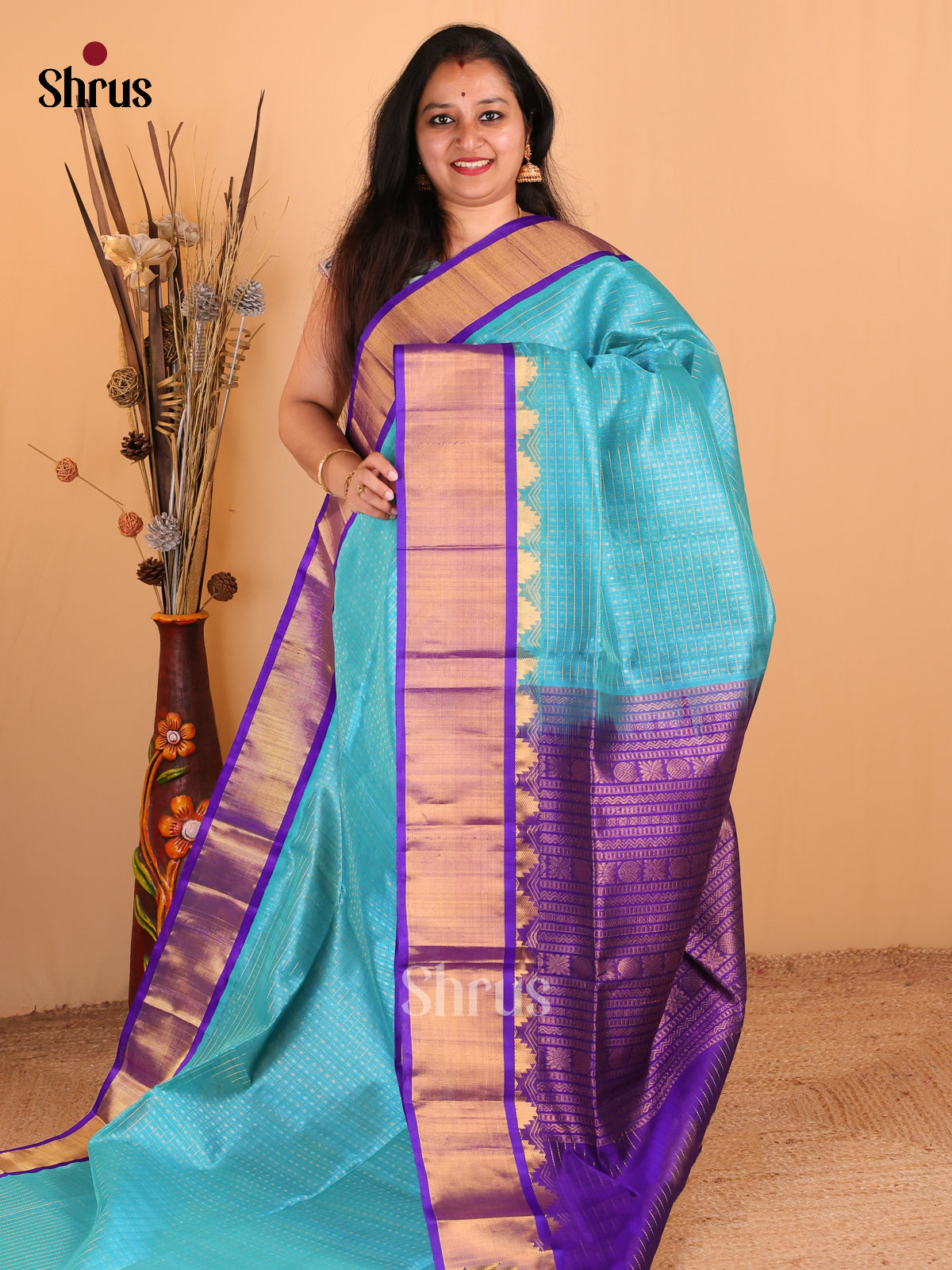 Chic Blue Silk Cotton Saree With Checks & Buttas, violet Zari Border & Pallu - Shop on Shrus.com