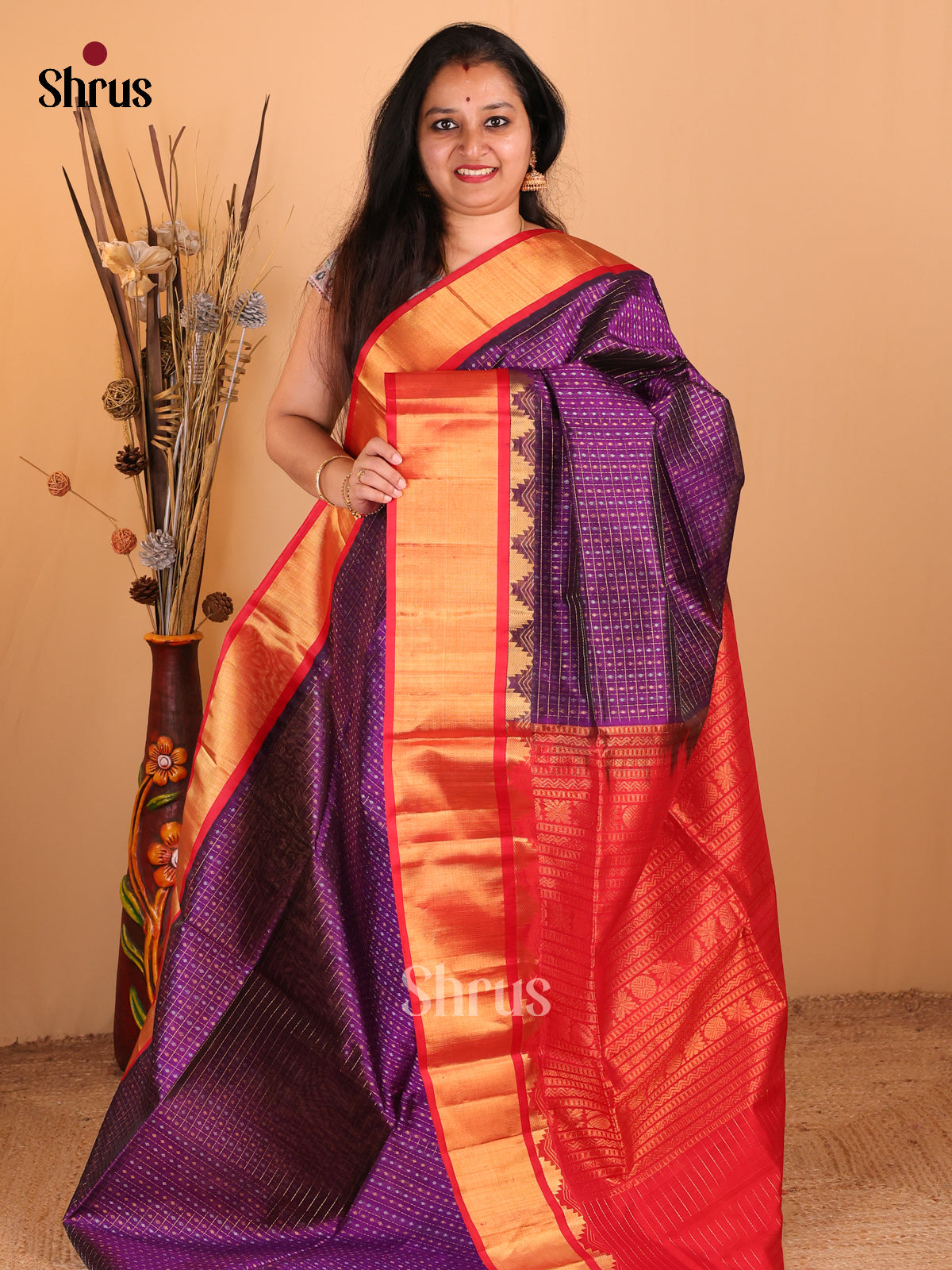 Violet with Red - DDS12121 - Silk Cotton Saree - Shop on Shrus.com