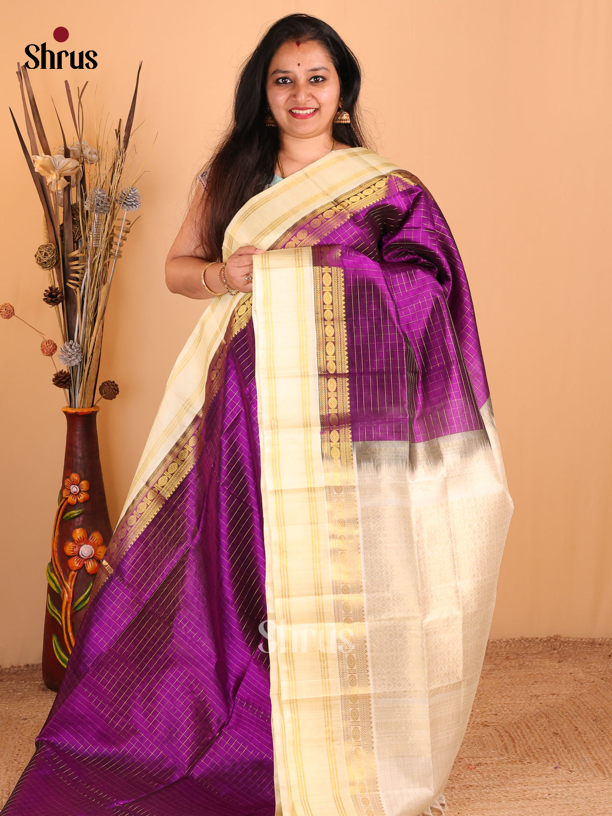 Violet Silk Cotton Saree With Zari Checks Paired With Cream Rettapet Border & Zari Pallu - Shop on Shrus.com