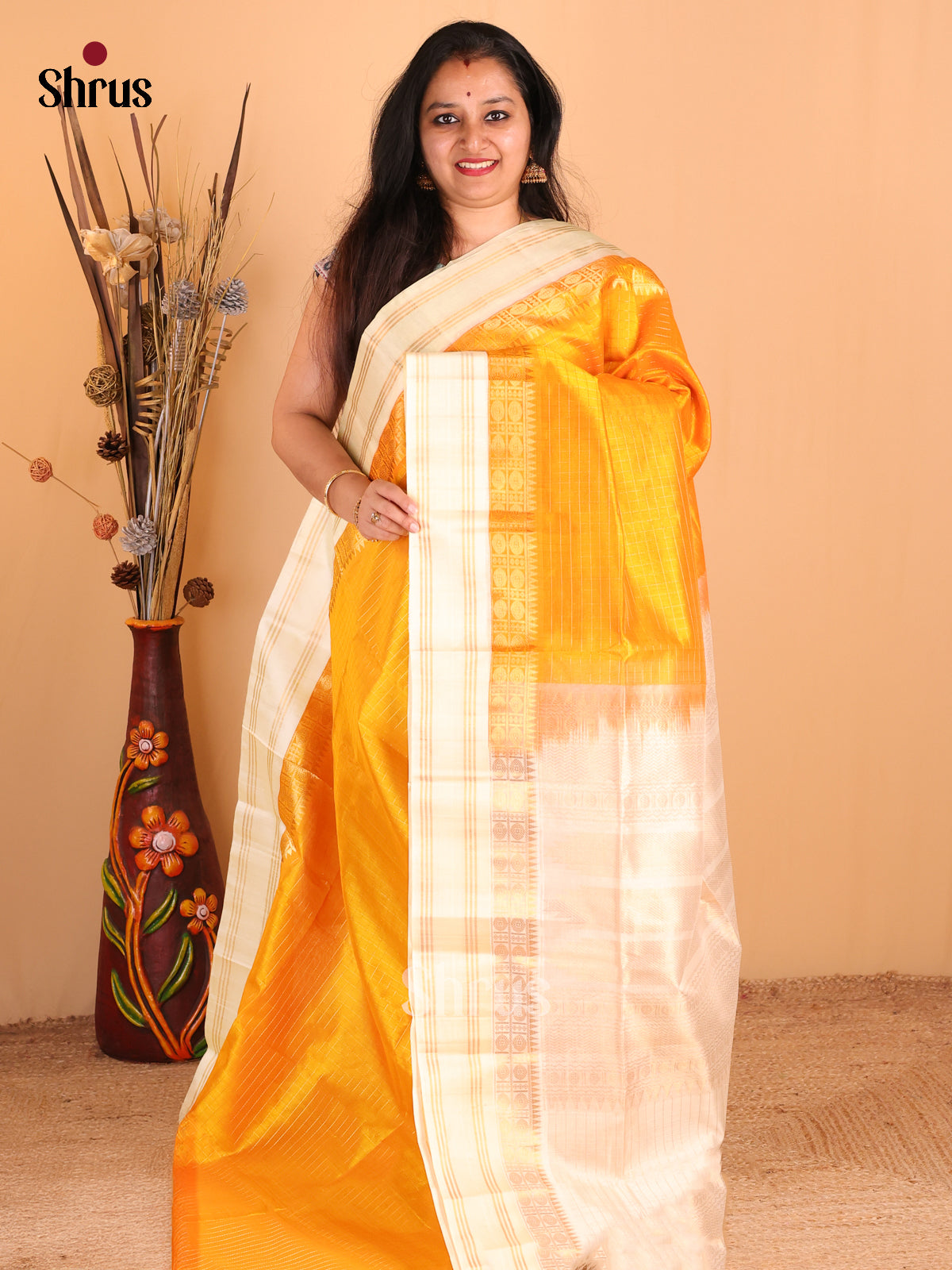 Yellow with Cream- DDS12129 - Silk Cotton Saree - Shop on Shrus.com