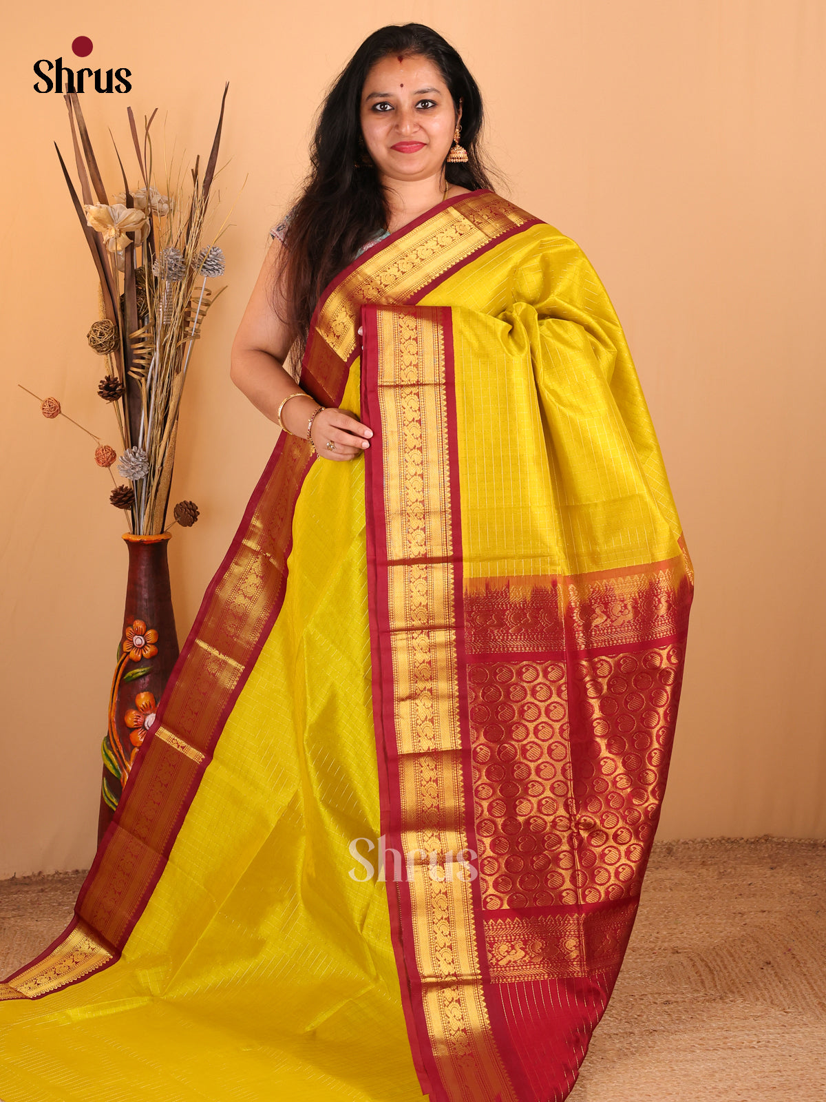 Luminous Yellow Silk Cotton Saree With Checks & Maroon Zari Woven Border & Pallu - Shop on Shrus.com
