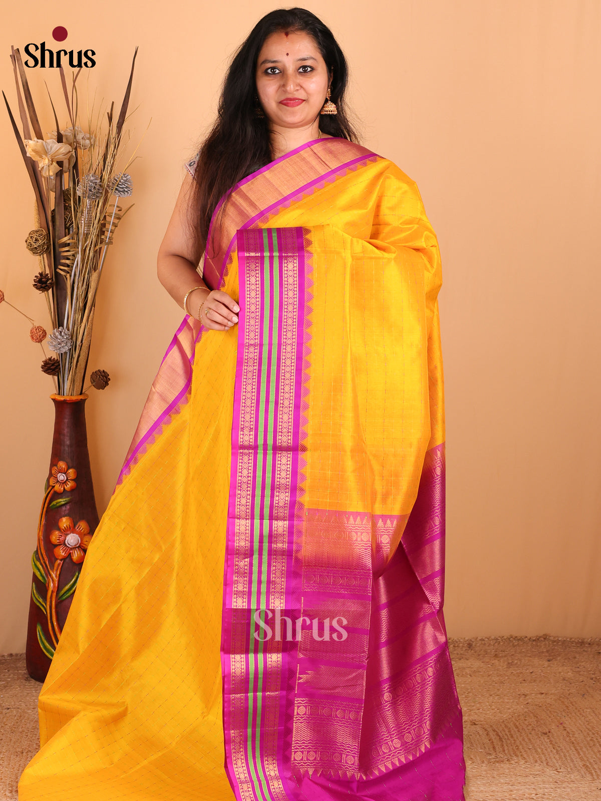 Yellow with Majenta - Silk Cotton Saree - Shop on Shrus.com