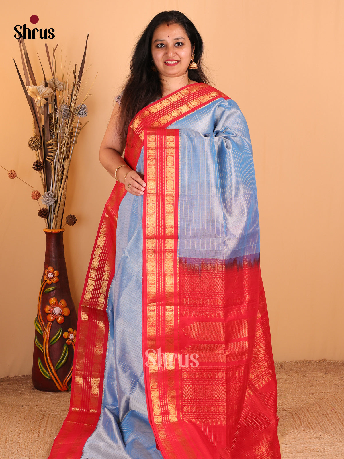 Lovely Blue Silk Cotton Saree with Stripes, Red Rettapet Border & Gold Zari - Shop on Shrus.com