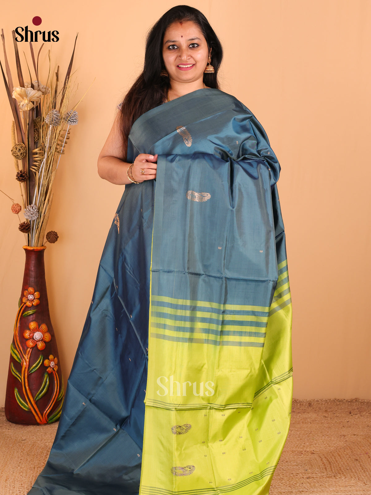 Blue with Green - Banana Pith Saree - Shop on Shrus.com