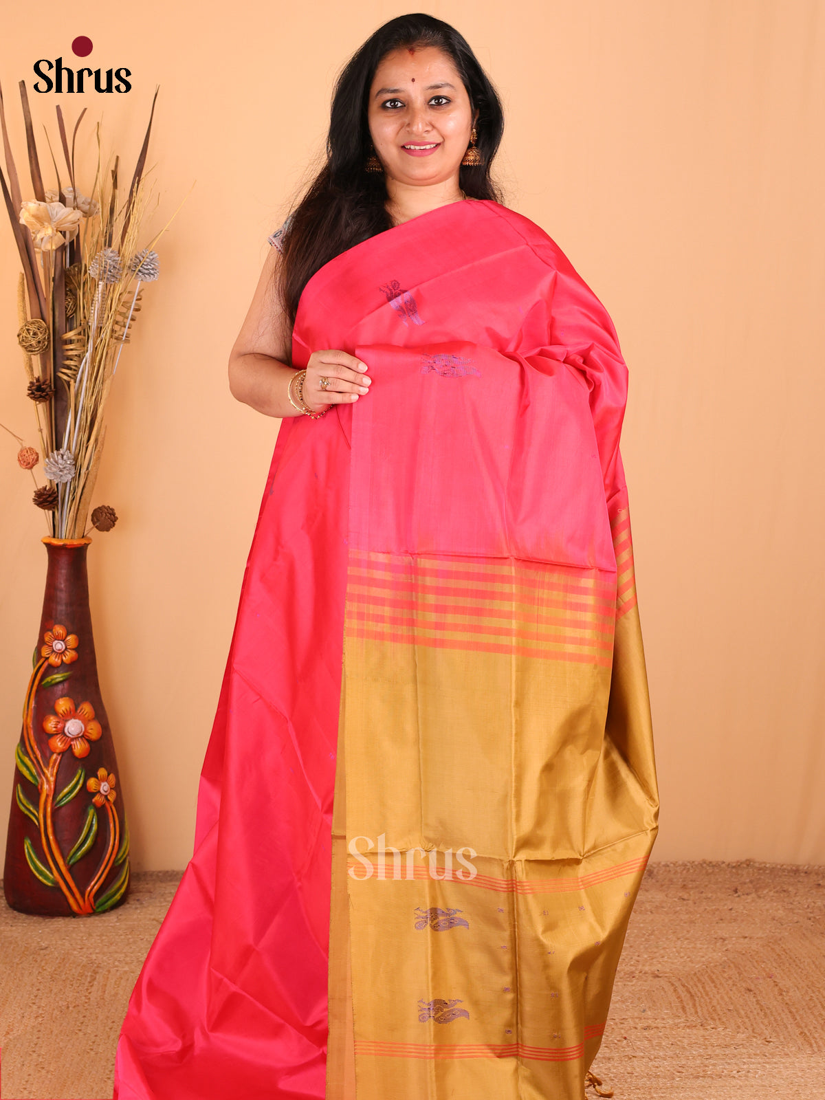 Pink with Beige - Banana Pith Saree - Shop on Shrus.com