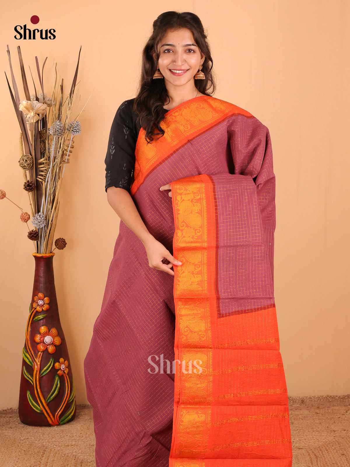 Brown with Orange - DDS15004 - Sungudi Cotton Saree - Shop on Shrus.com